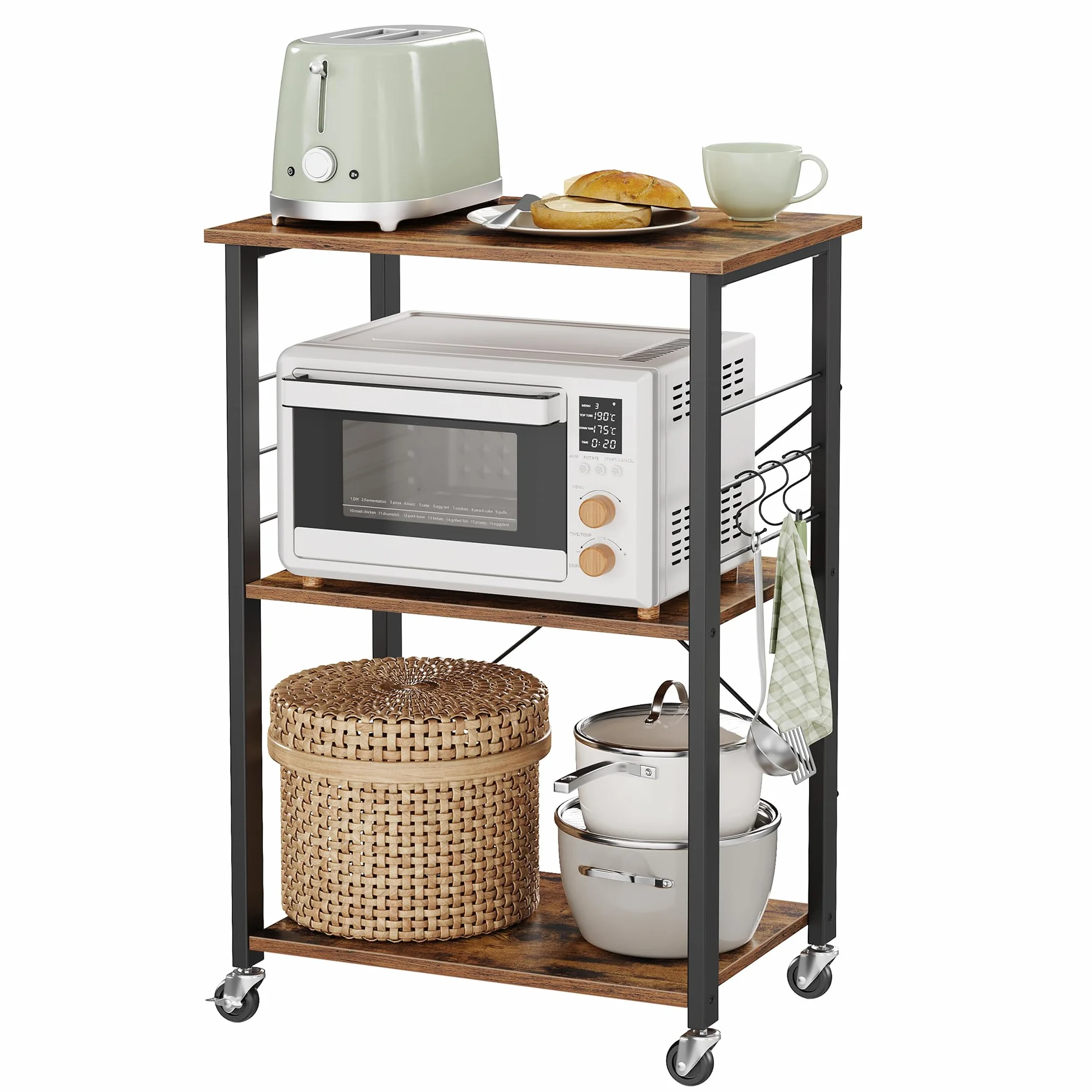 VASAGLE Estantería de Cocina con Ruedas, Carrito de Servicio de 3 Niveles, Estantería para Microondas, Marco de Metal con 6 Ganchos, 40 x 60 x 89 cm, Marrón Rústico y Negro Tinta KKS60XV1