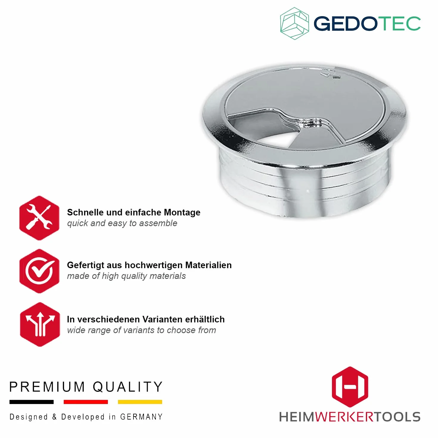 Gedotec Pupitre pasacables de plástico ABS Resistente | 2 Piezas Redondas pasacables 60mm | Entrada | Toma de Cable cromada Brillante | Pasacables para prensar | Pupitre pasacables