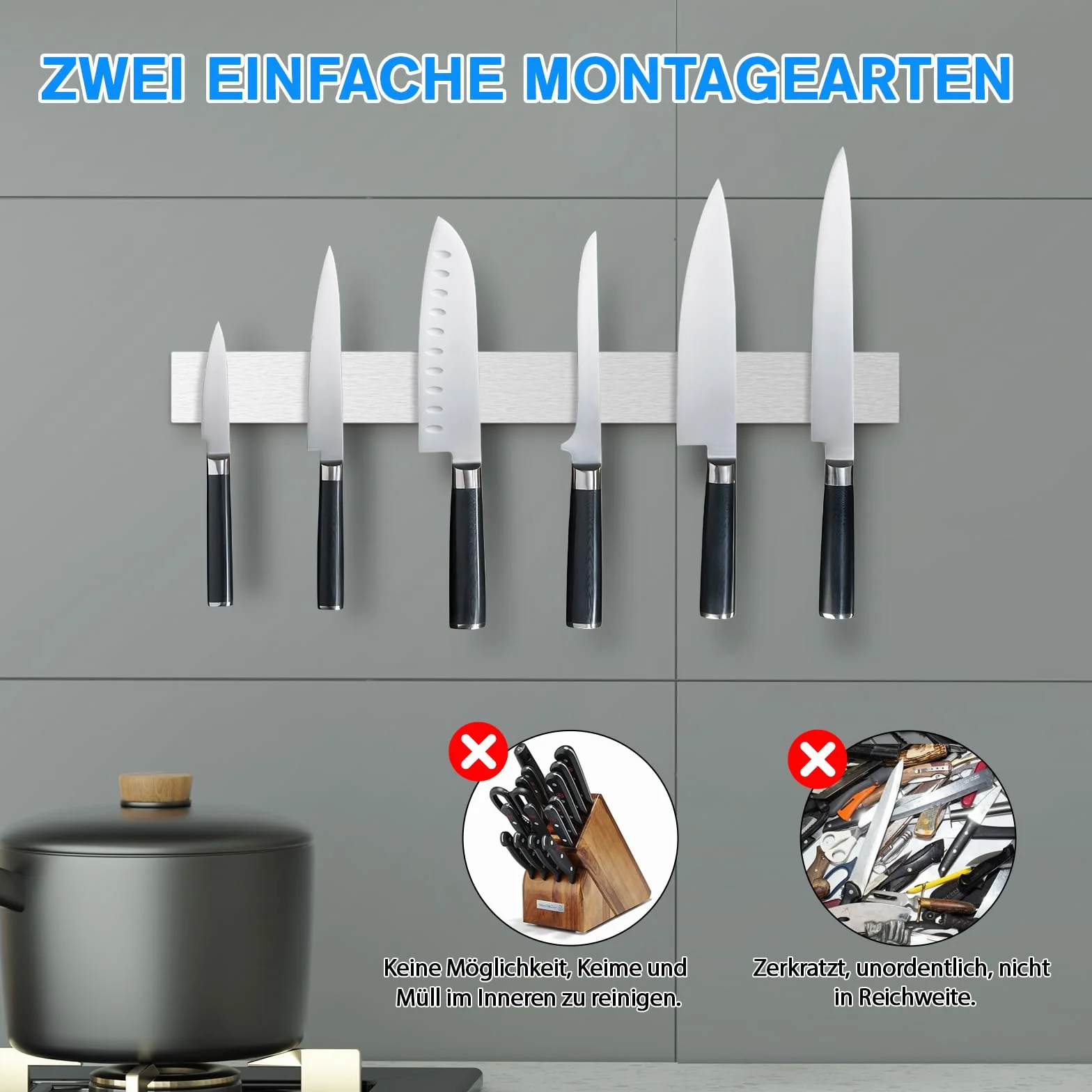 Portacuchillos Aimanté 30 cm, portacuchillos INOX, barra magnética para cuchillos, imán cuchillo de cocina sin taladrar, barra magnética para cuchillos y utensilios