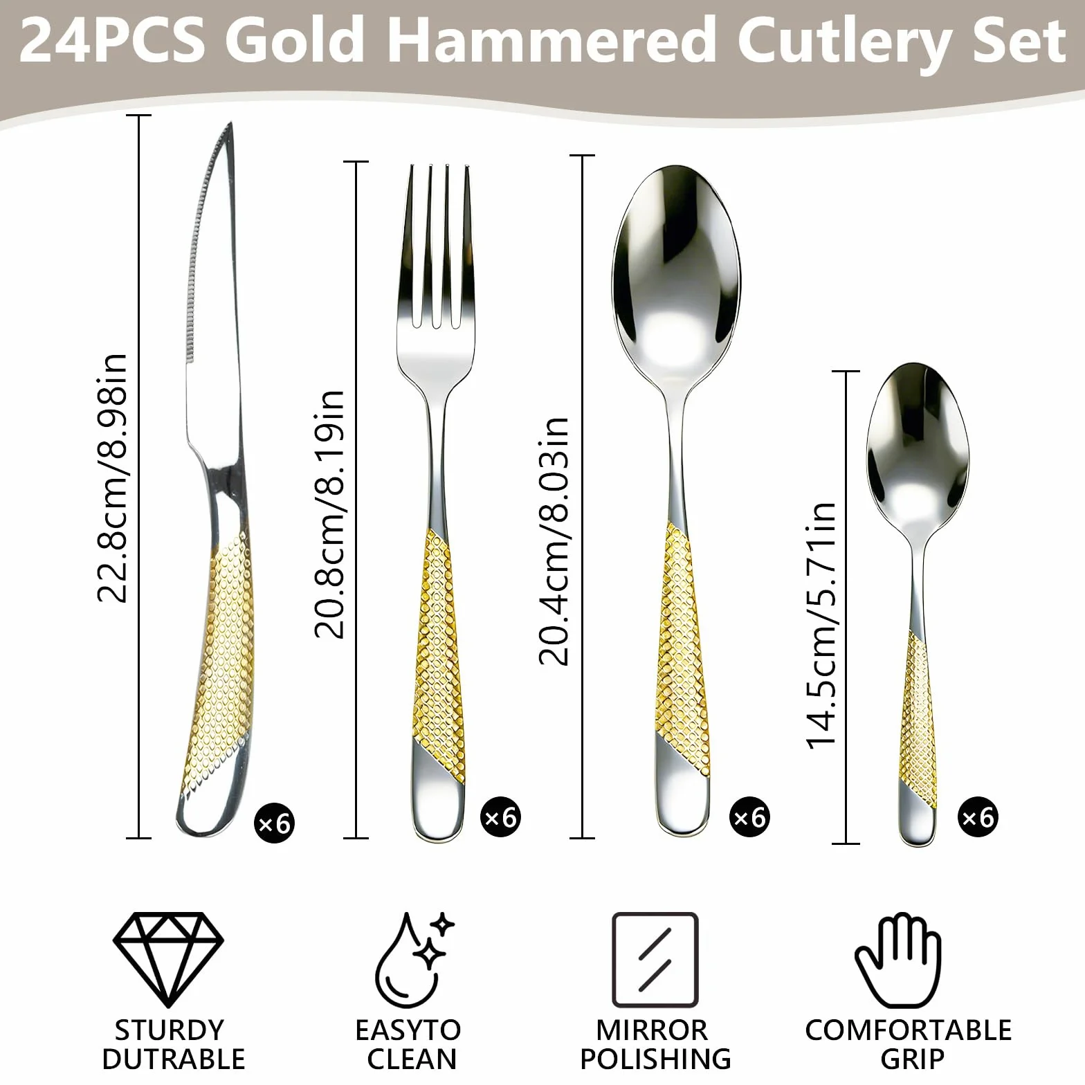 Juego de 24 cubiertos dorados – Cubertería de acero inoxidable para 6 personas con cuchillo, tenedor, cuchara, acabado espejo y apto para lavavajillas, diseño de lazo dorado