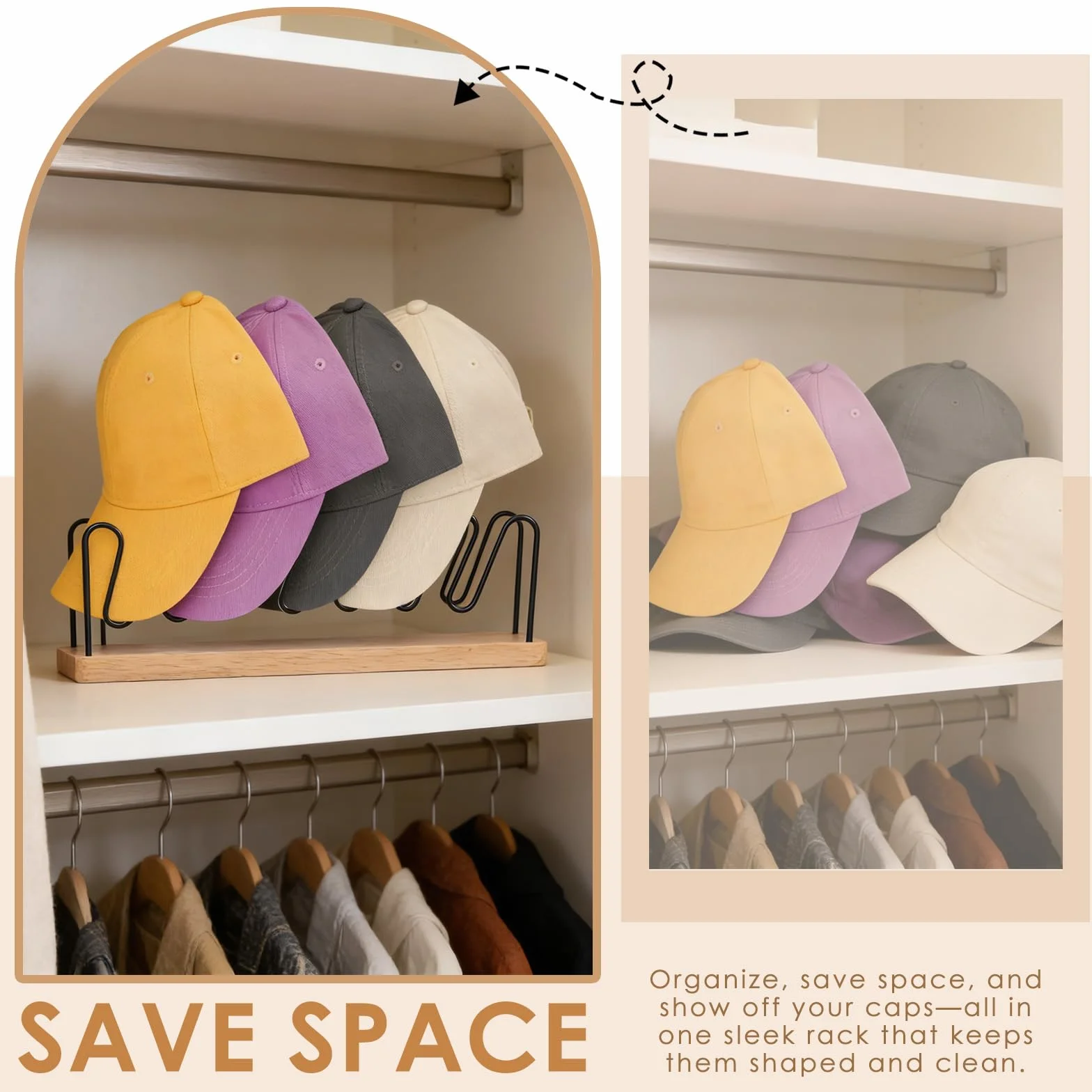 Organizador de sombreros 2 piezas para 14 gorras de béisbol, bandeja de madera maciza y metal, sin instalación