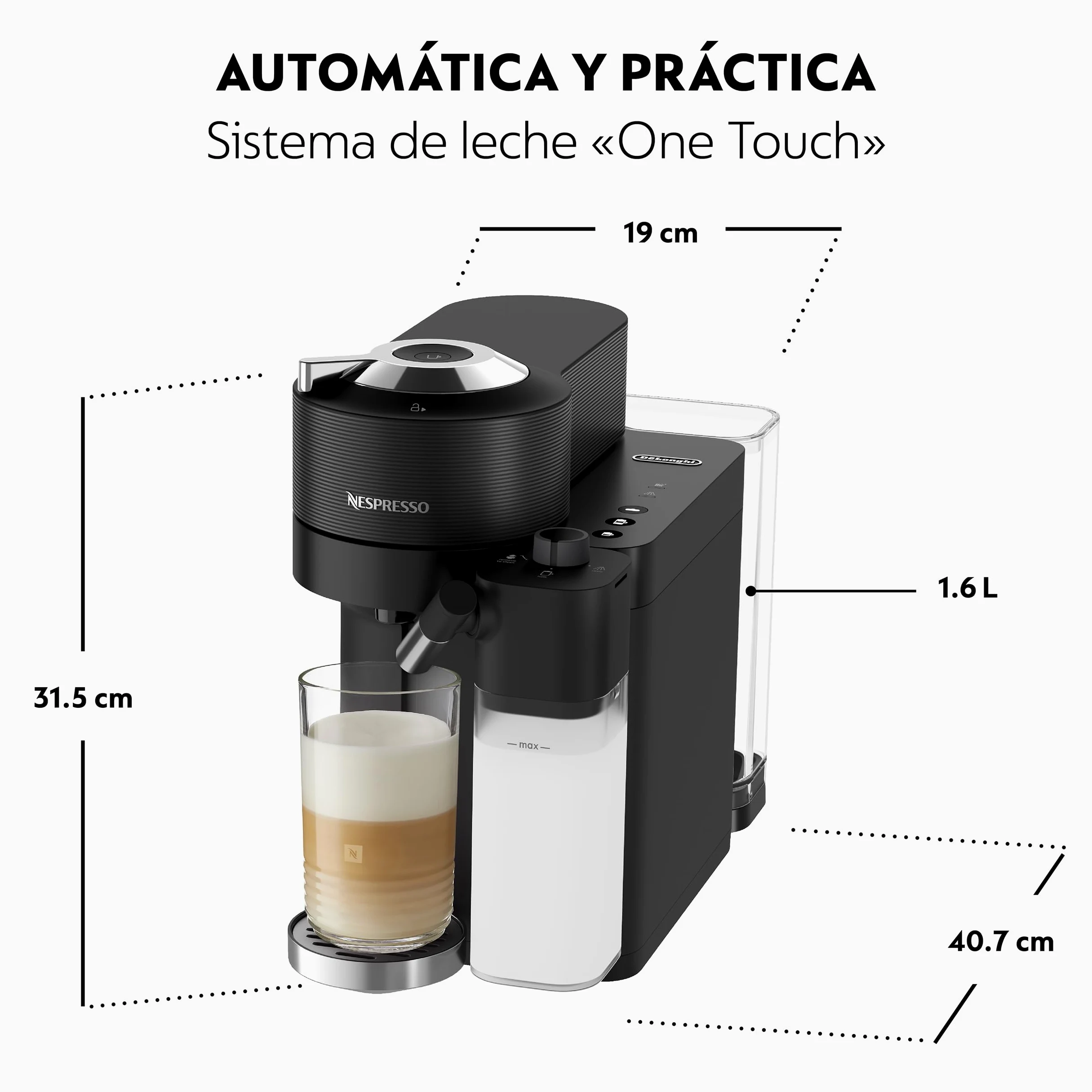 De'Longhi Nespresso Vertuo Lattissima ENV300.B, Máquina de Café Automática con Espumador de Leche Automático, Cafetera de Cápsulas Individual, 5 Tamaños de Taza, 1500W, Negro Mate y Brillante | Cafetera con sistema de leche integrado, 5 tamaños de taza, c