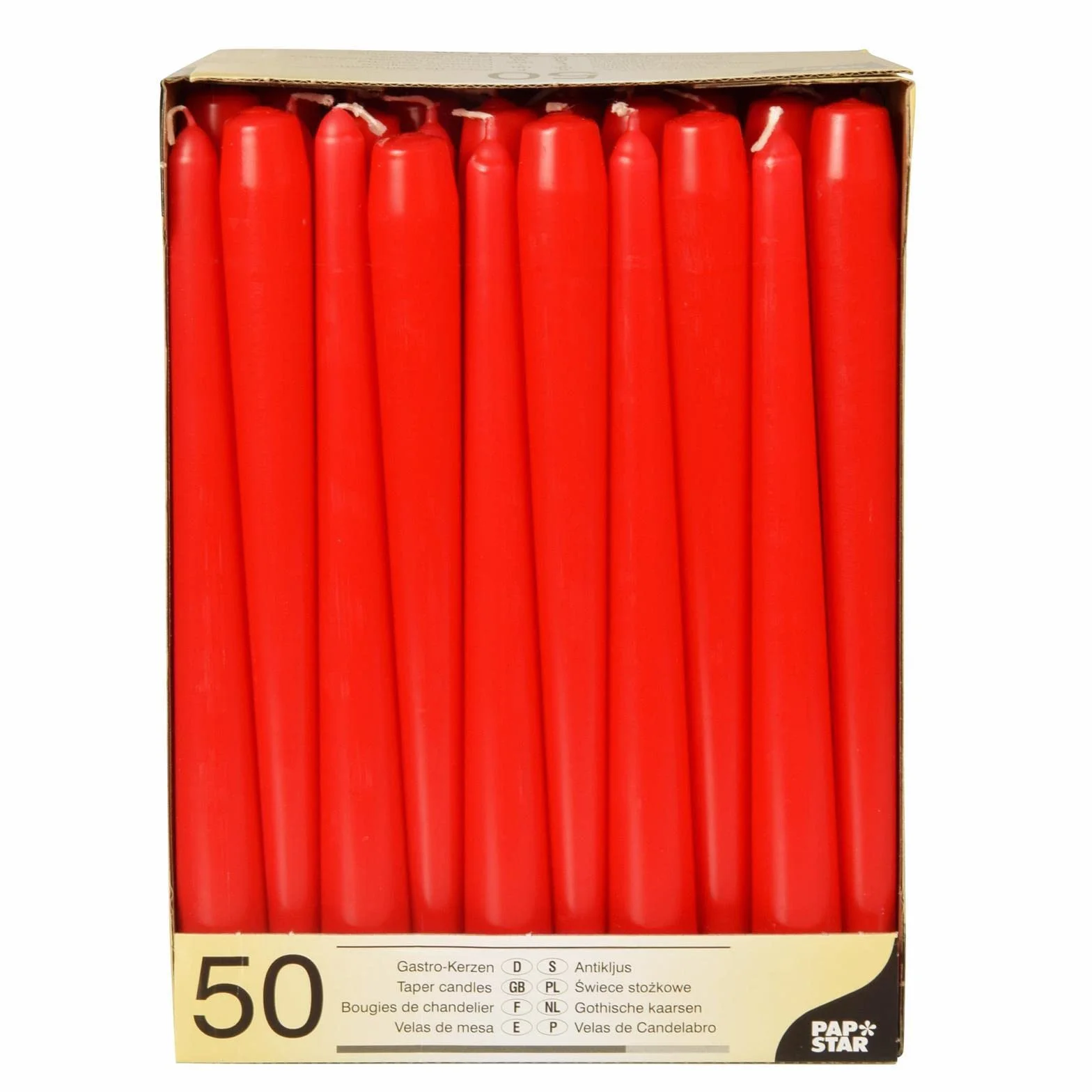 Papstar 17960 - Velas para candelabro (50 Unidades, 2,2 x 25 cm), Color Rojo