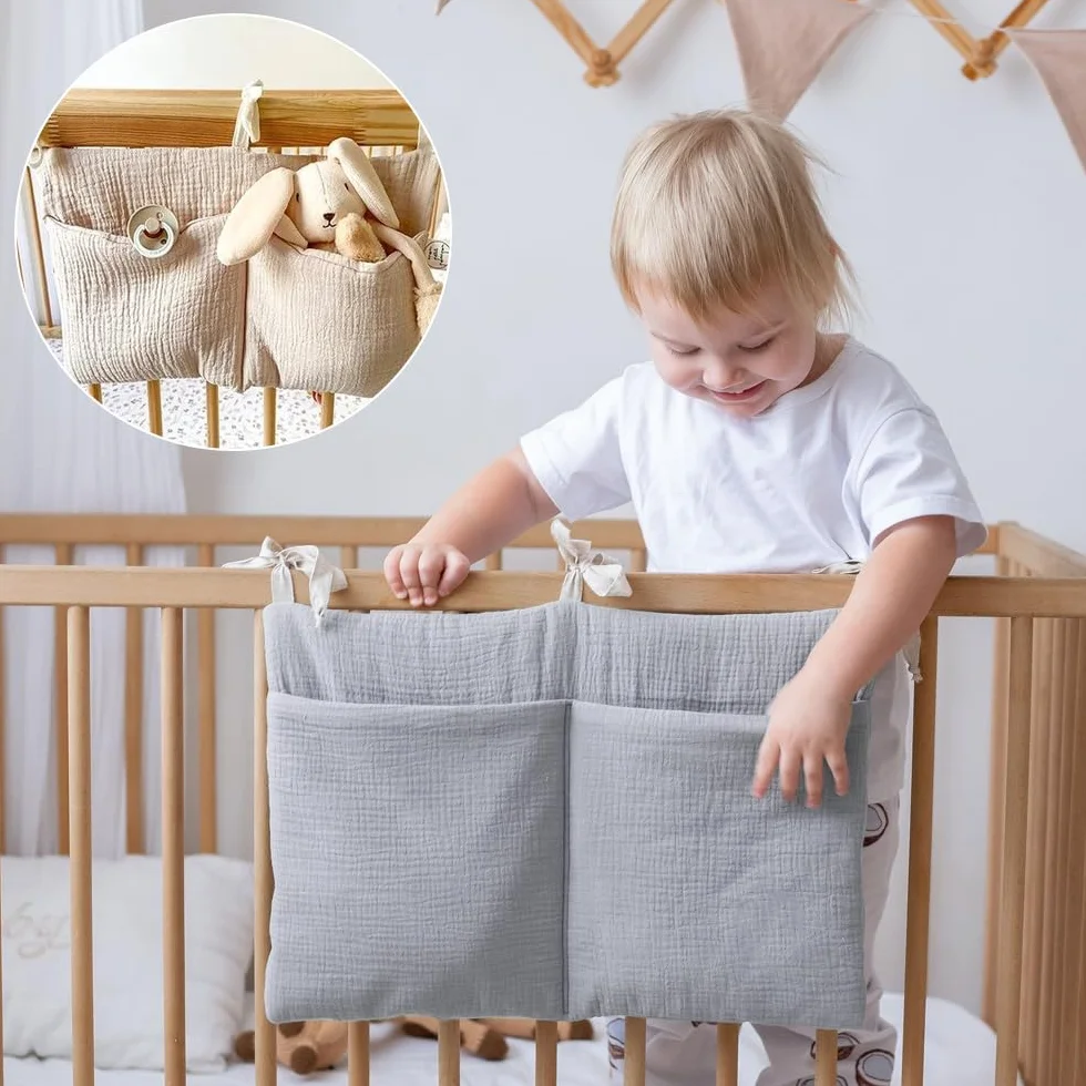 Organizador Cuna 2 Piezas Bolsas Almacenamiento Ajustable Colgante con Dos Bolsillos Grandes
