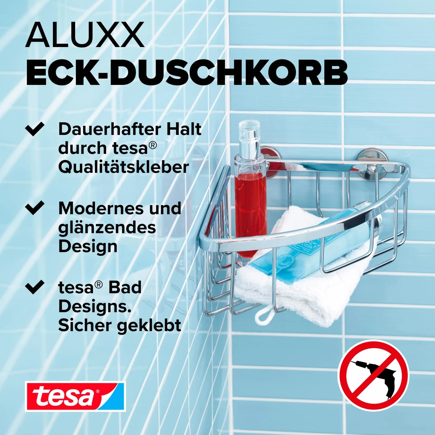 tesa Aluxx Cesta esquinera de baño, de aluminio cromado brillante, autoadhesivo, tecnología de montaje adhesiva, 92 x 192 x 200 mm
