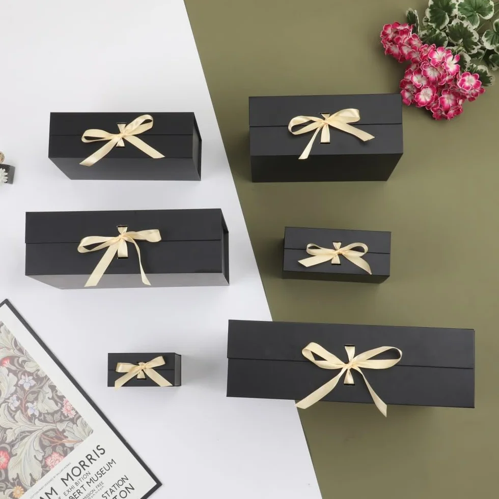 Caja de regalo grande Negro con tapa 32x28x13,5 cm, caja para regalo Empaque cumpleaños, caja de zapatos al por mayor, Navidad Incluye relleno de papel triturado, tarjeta de sobre y cinta