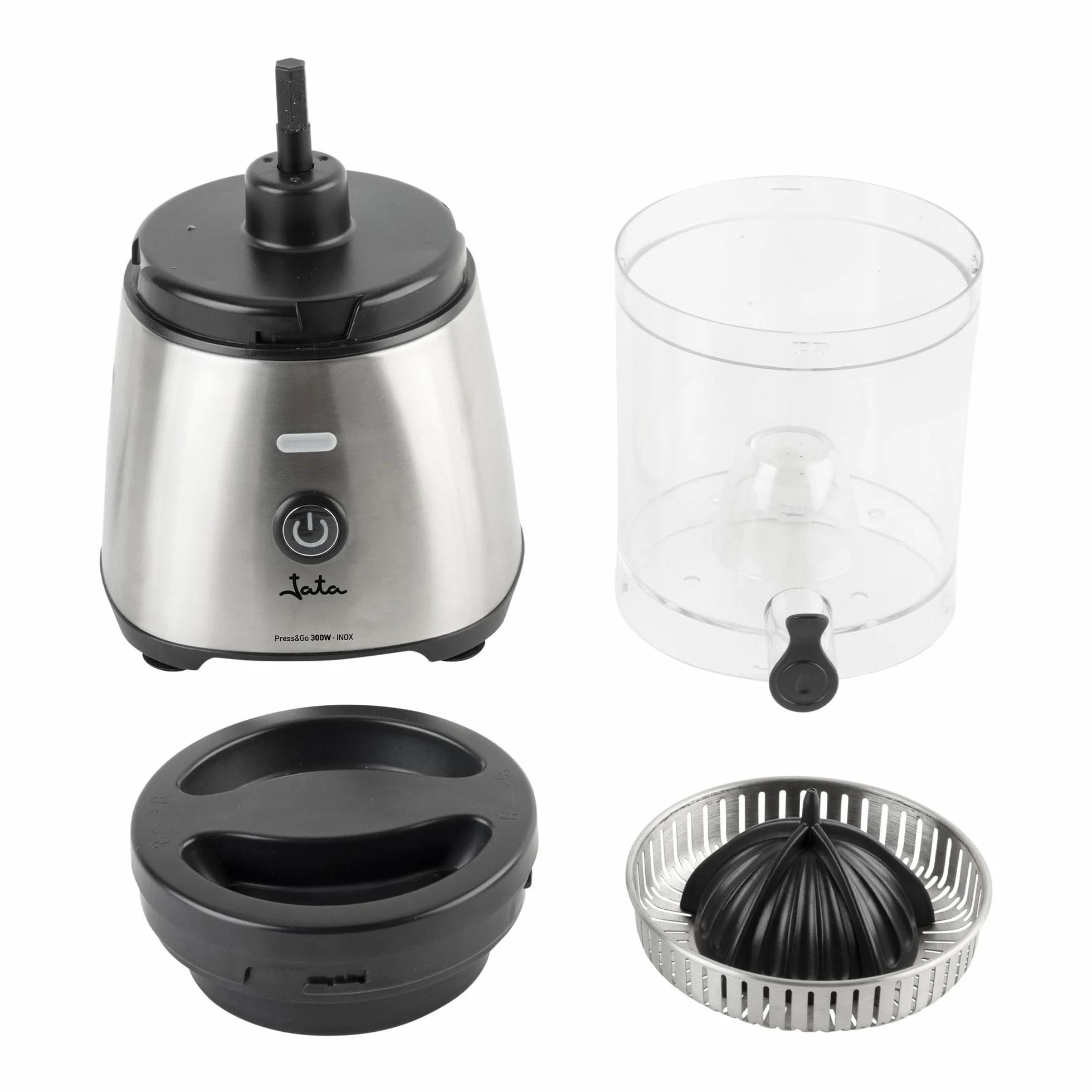JATA JEEX1616 - Exprimidor de Naranjas Eléctrico Automático 300 W | Cuerpo y filtro de acero inoxidable | Sistema antigoteo | Apto para todo tipo de frutas | Piezas desmontables. Base Antideslizante
