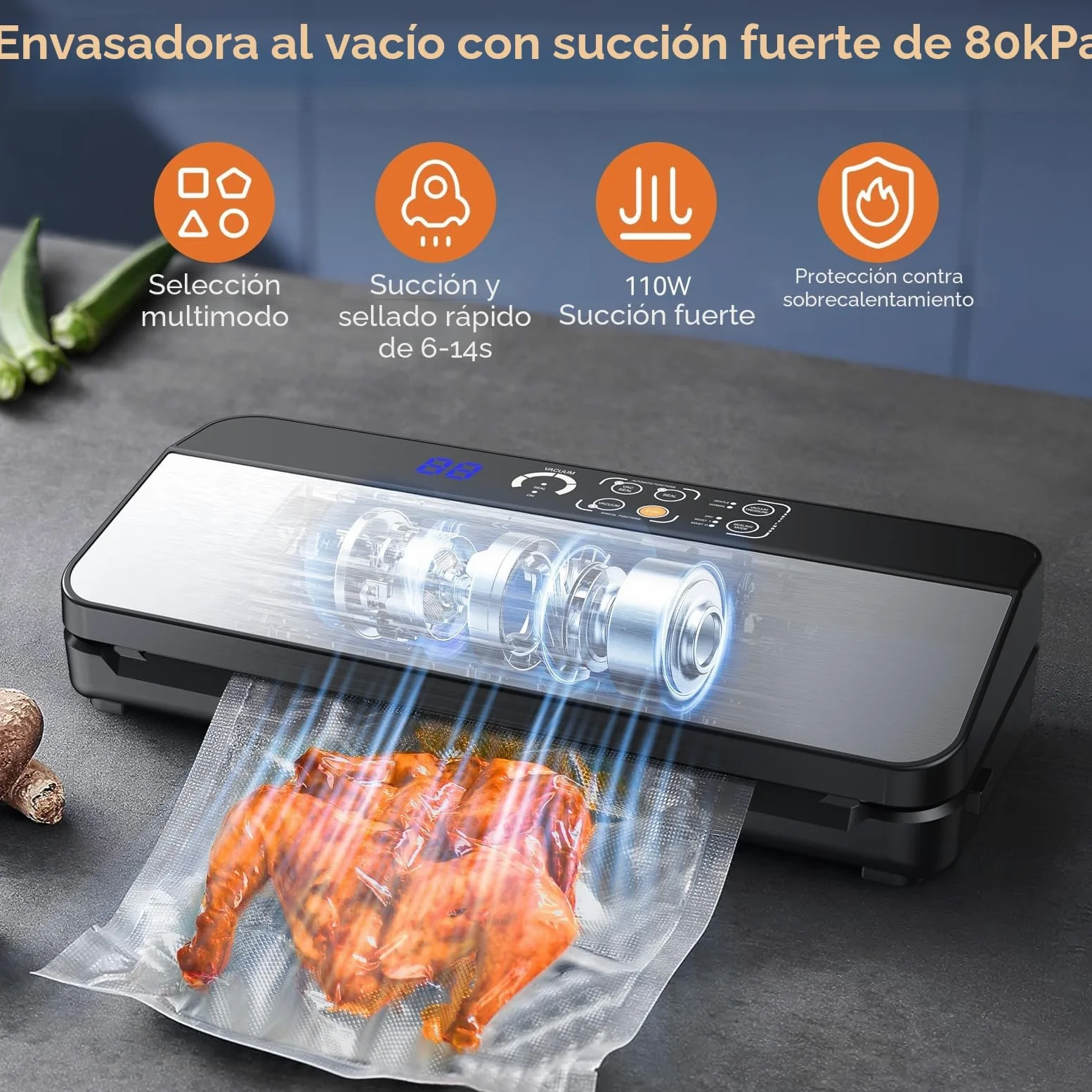 Envasadora al Vacio, 80KPA Domestica 8-EN-1 Maquina Envasar al Vacío Profesional Modos de Alimentos Seco y húmedos, 2 con bolsa enrollable 11 bolsas de vacío y cortador integrad