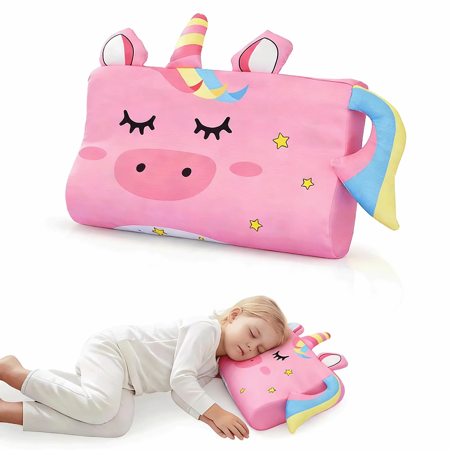 Almohada Infantil Ergonómica de Espuma Viscoelástica, Lavable y Transpirable, para Cuna Viaje Guardería 2-8 Años