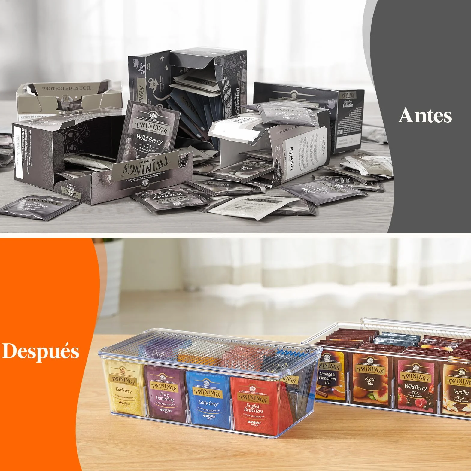 Lifewit Organizadores Apilables de Plástico para Bolsas de Té, Caja para Gabinetes de Cocina, Despensa, Ideal para Cápsulas de Café, Sobres de Azúcar, 8 Secciones, Transparente, 2 Piezas, 29cm(L)