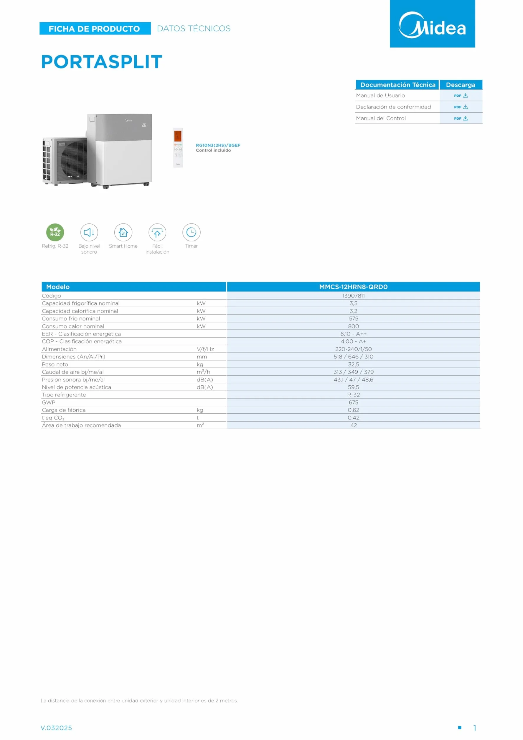 Midea Portasplit Aire Acondicionado Portatil 4 en 1 | 3000 frigorías / 12000 BTU | Split sin Obra de Bajo Consumo con modo Silence, App/Wifi, Deshumidificador, Calefacción y Ventilador hasta 45 m2