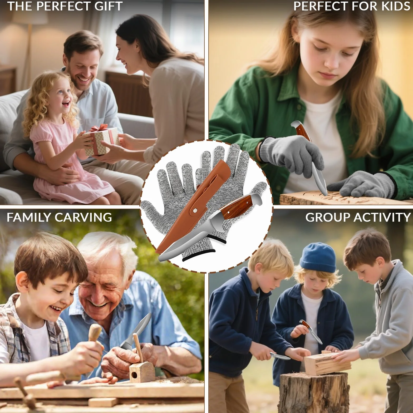 Cuchillo de Tallar para Niños, Navaja Pequeña Plegable con Funda y Guantes Anti-Corte – Juego de Tallado