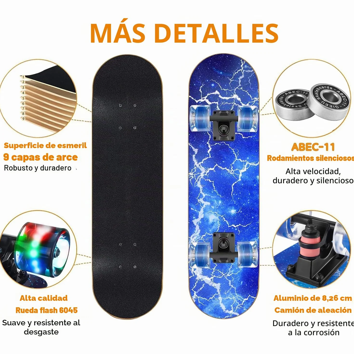 Monopatín estándar de Arce de 9 Capas con Ruedas Intermitentes para Principiantes