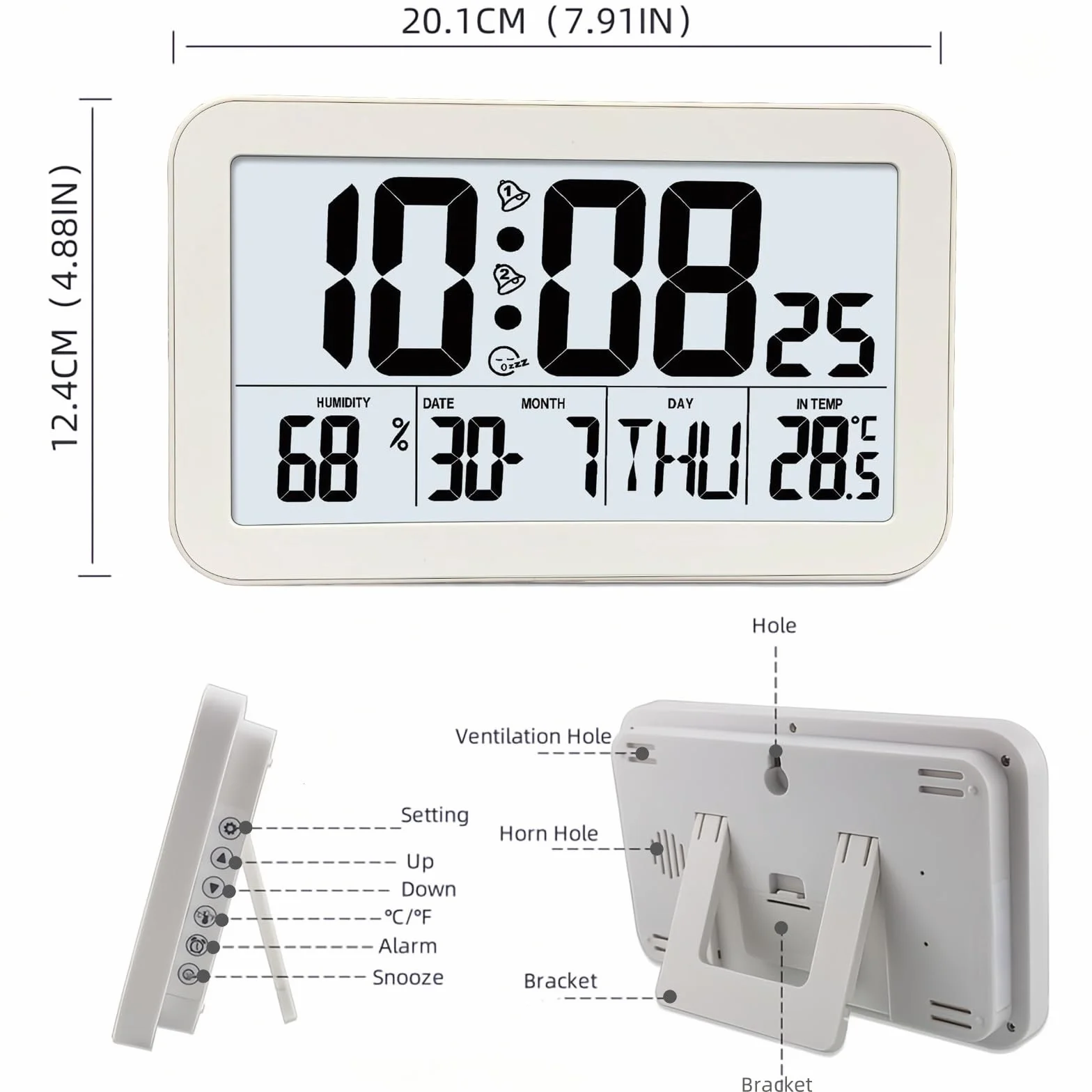 Despertador Digital con Snooze Retroiluminado, Visualización de Temperatura y Humedad, Visualización de Fecha y Semana, Pantalla Grande LCD HD, Alimentación por Batería para Dormitorio