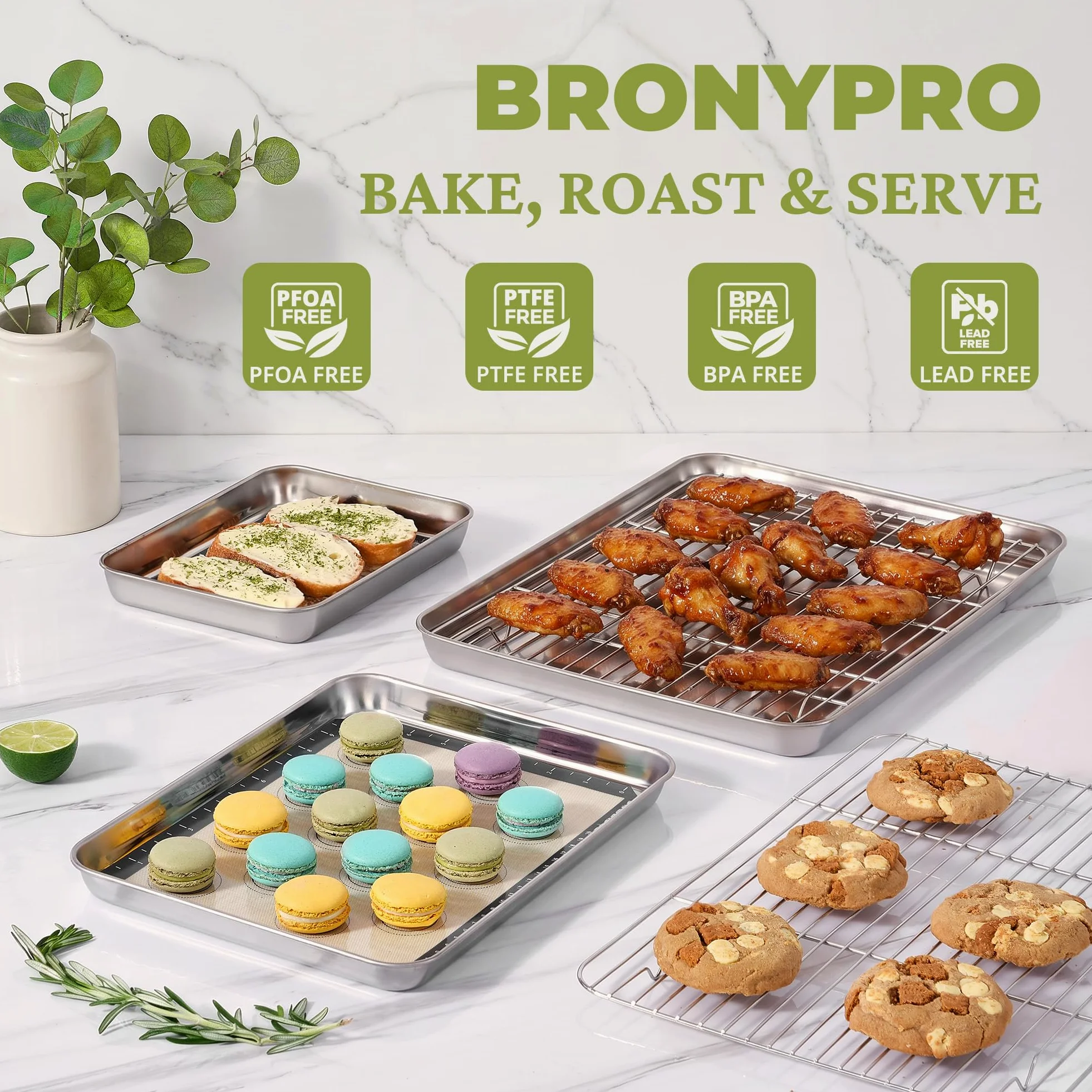 BRONYPRO Juego de bandejas para hornear de acero inoxidable 18/8 (2 | Hojas de galletas sin revestimiento con estante de alambre y alfombrillas de silicona macaron, no tóxicas (libre de PFA y