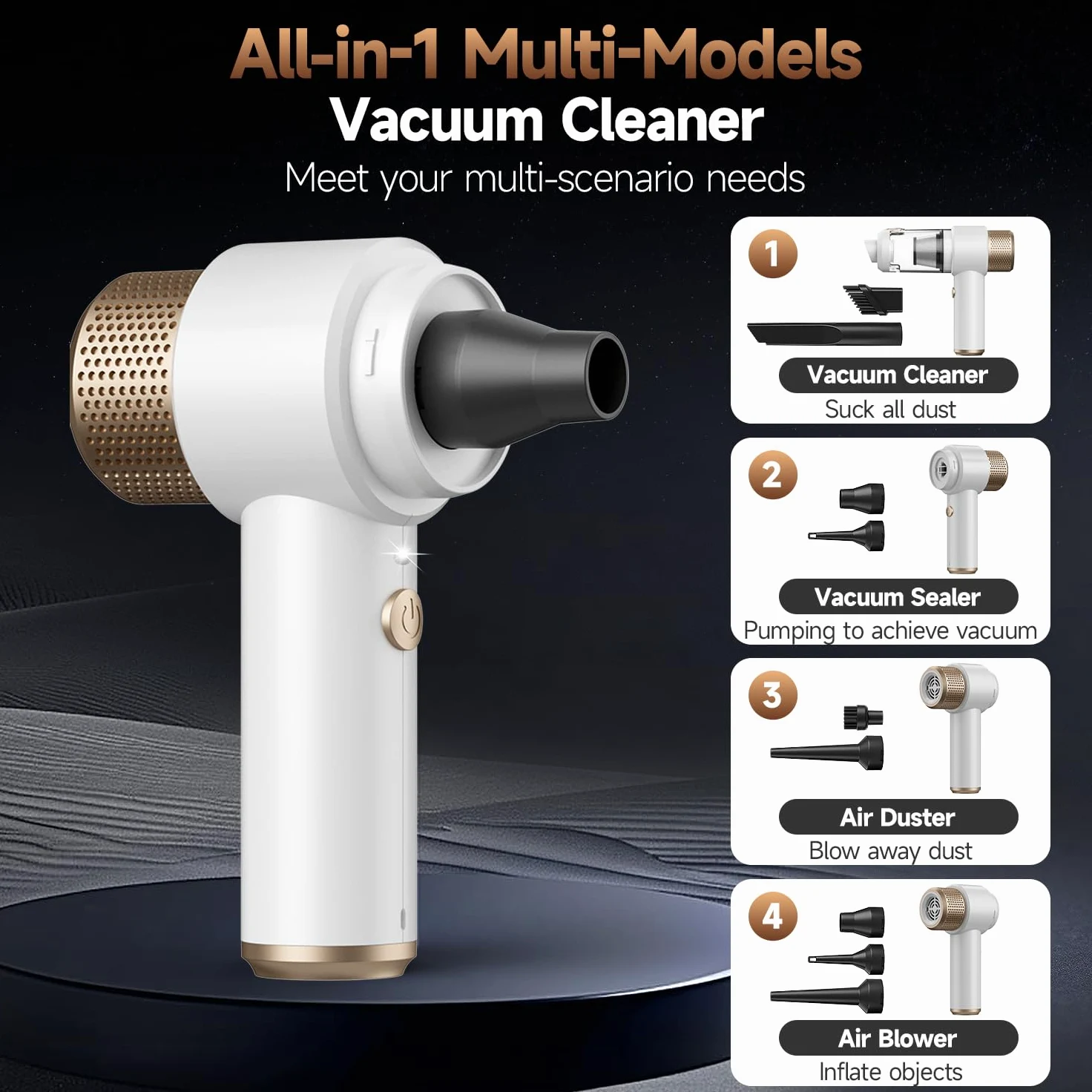 Vizeusvac 16000PA Mini Auto Aspiradora Inalámbrica Potente 7 en 1 Aspiradora de Mano Portátil Inalámbrica con Luz LED Doble Filtro One Touch Vacío Pelo de Animal para Hogar Oficina