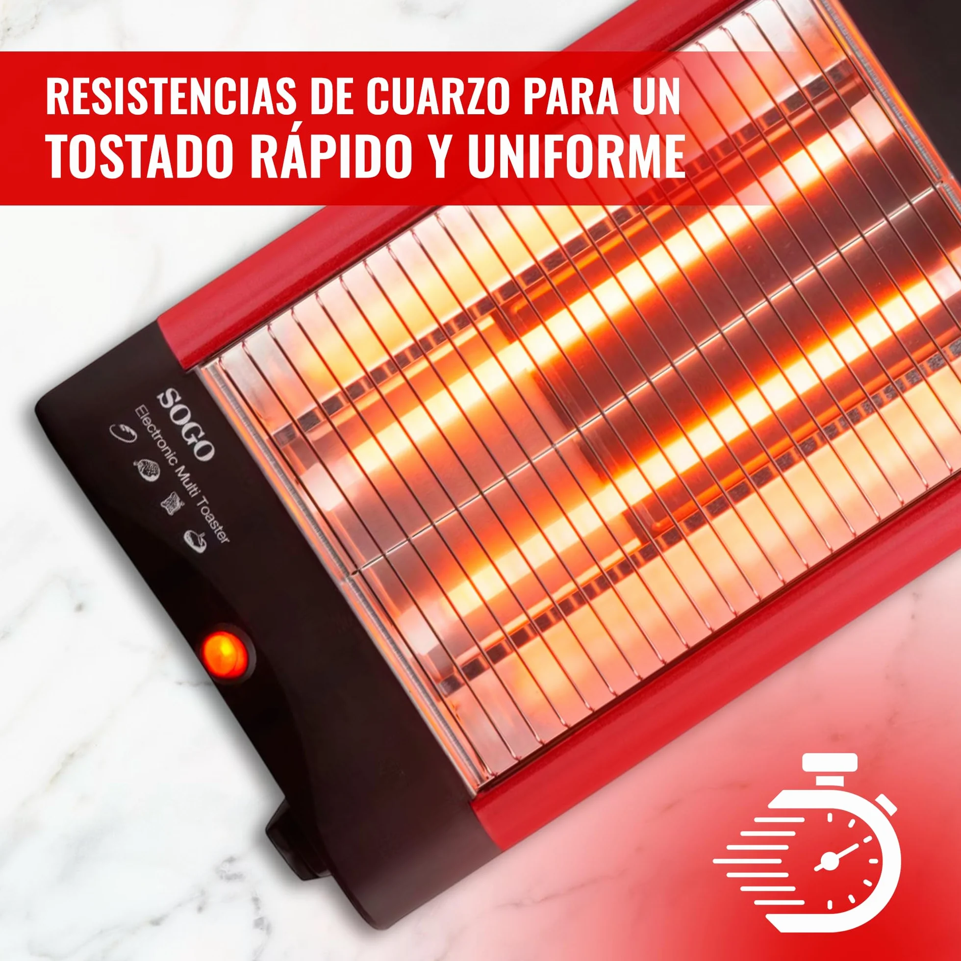 SOGO Tostadora Horizontal para Pan y Bollería – Tostadora Pan Plana con Resistencias de Cuarzo y Temporizador de 5 Minutos – Bandeja Extraíble para Migas e Indicador luminoso