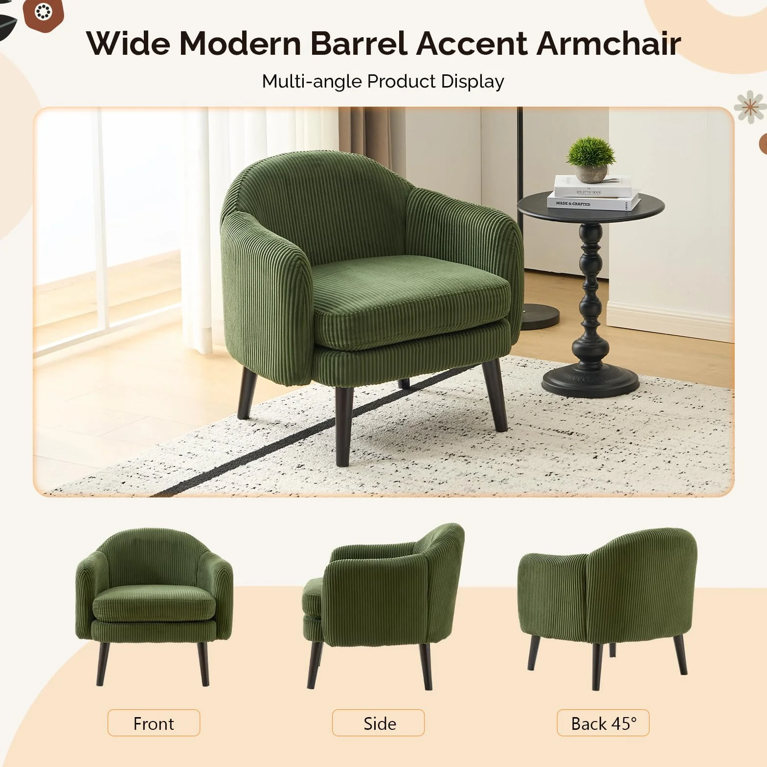 Bonnlo Butaca Tapizada de Pana Moderna, Sillón Individual de Lectura con Reposabrazos, Patas de Madera, Sillón Auxiliar para Salón y Dormitorio, Estilo Nórdico (Verde Oscuro)