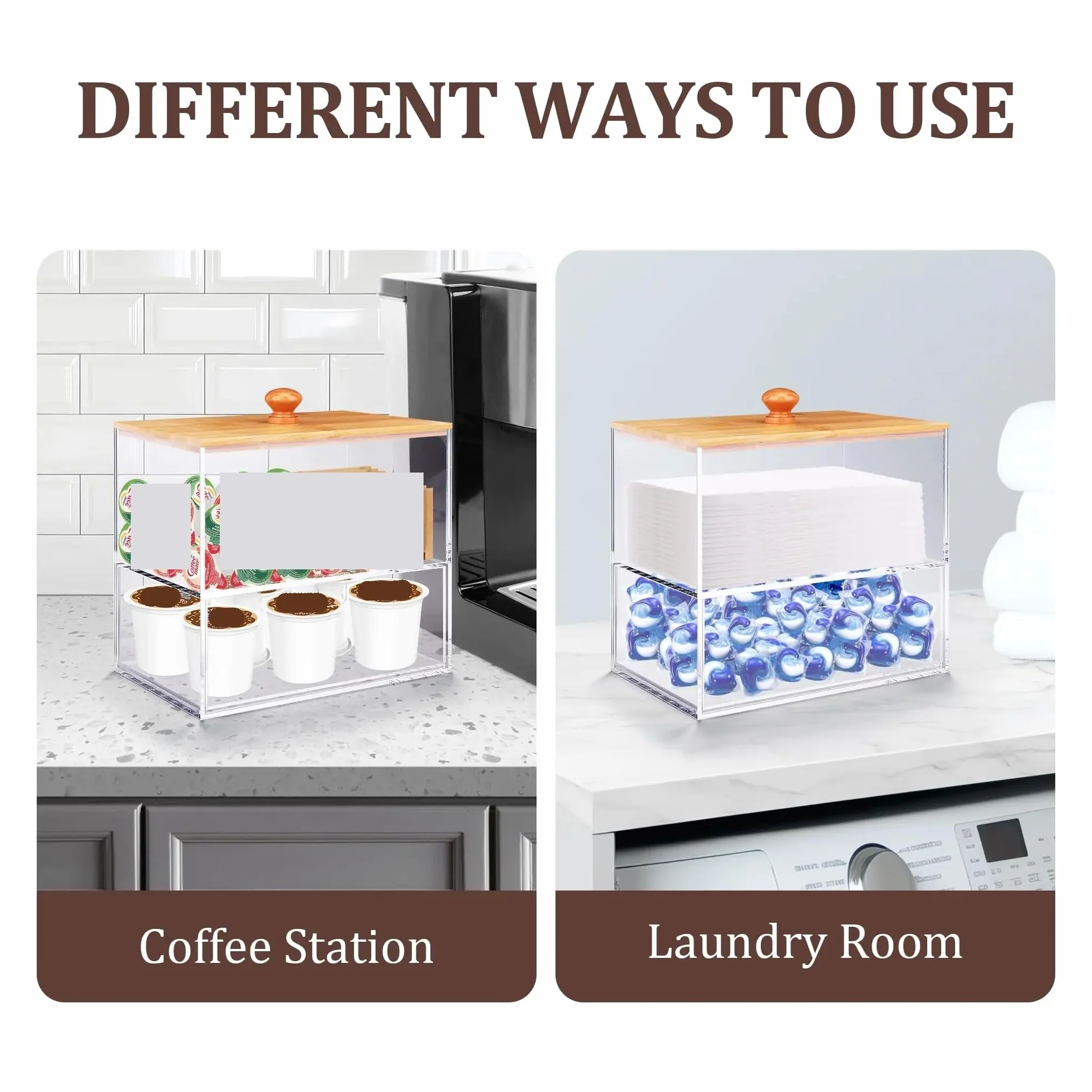 Organizador multifuncional de cápsulas de té y café, dispensador de bolsas de té de 2 niveles con cajón para cápsulas para Nespresso y KCup, elegante caja de almacenamiento para el hogar y el bar