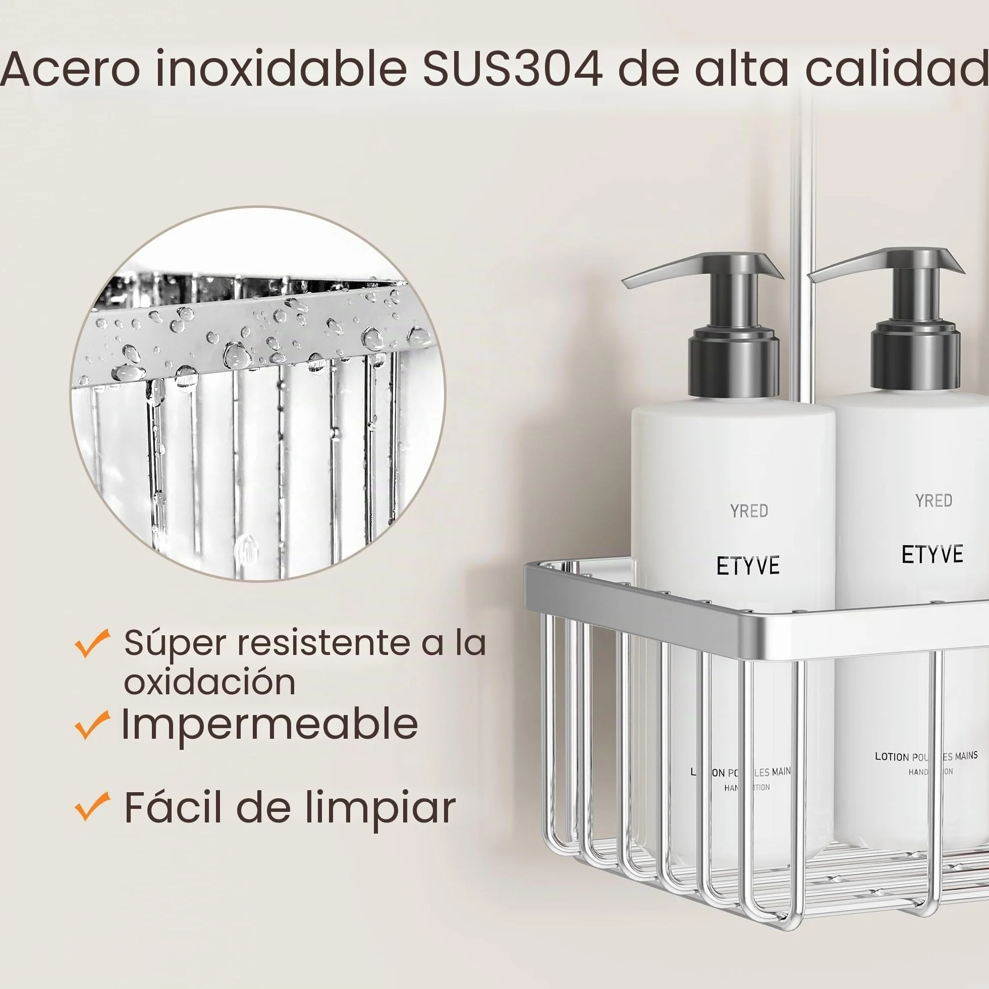 Cesta de ducha colgante, no requiere taladrar, guardar champú o jabón, acero inoxidable SS304, 30 x 13 x 8,5 cm