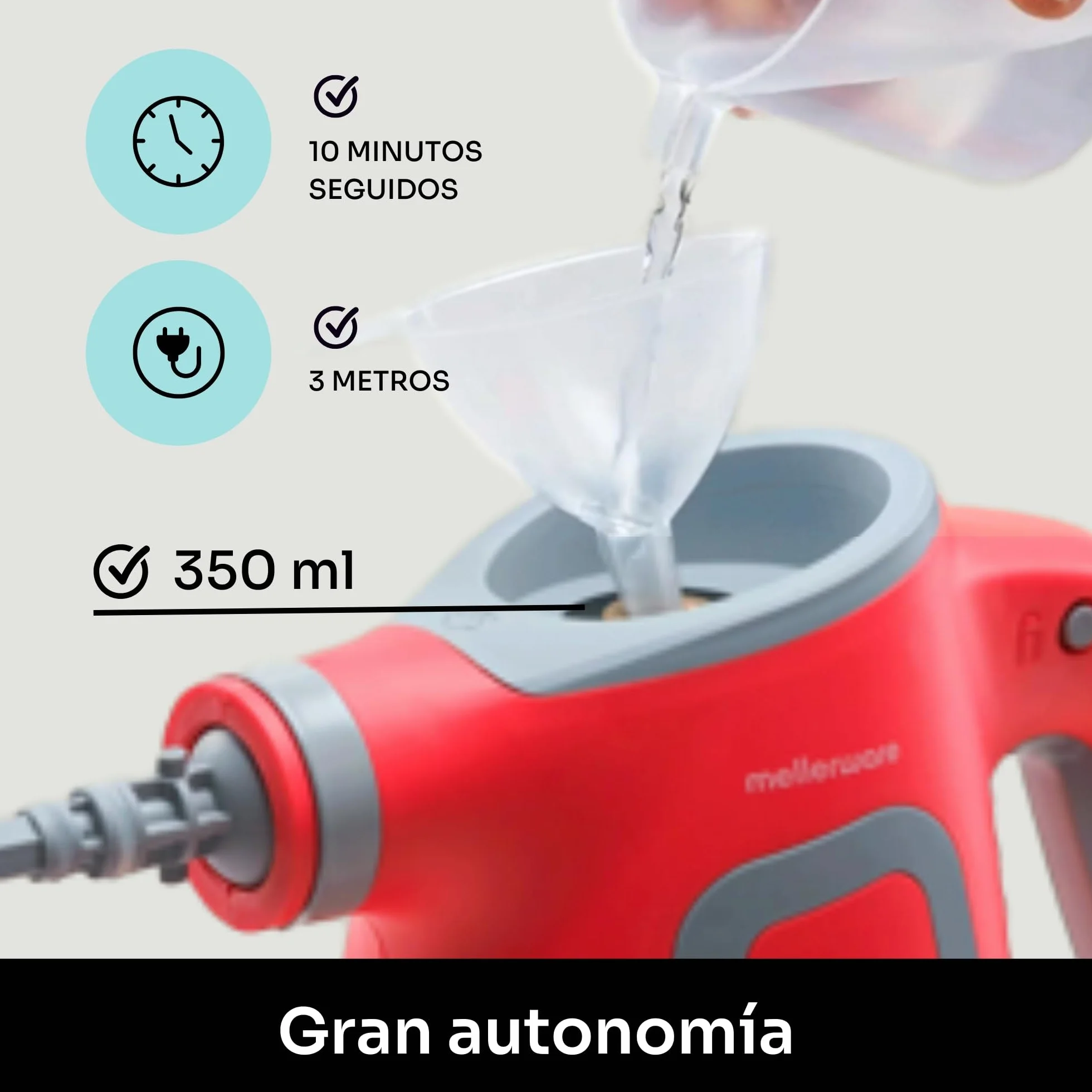 Mellerware Limpiador a Vapor de Mano Fush! 1050W Vaporeta de Limpieza Hogar 380mL 9 Accesorios