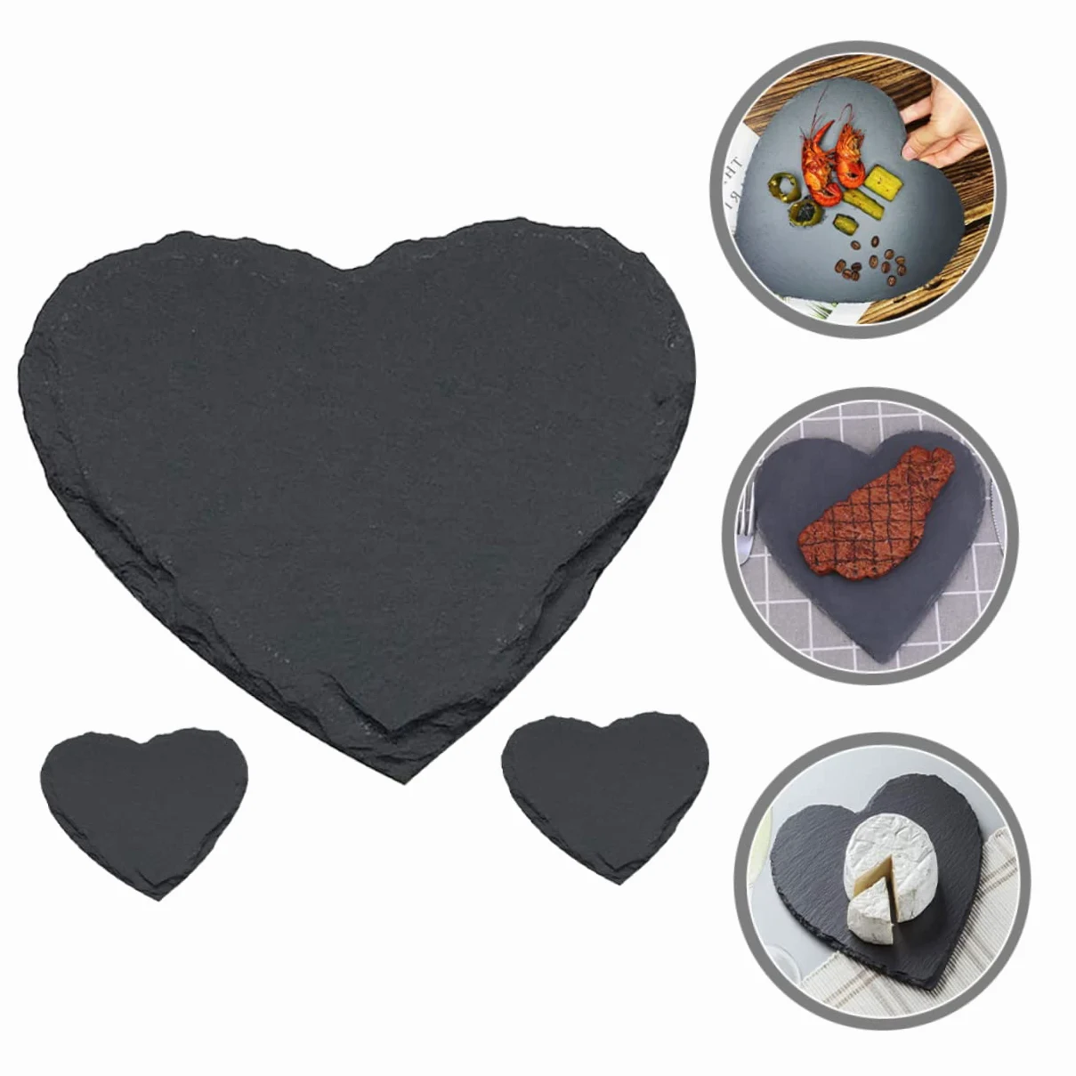 SECFOU Plato de Pizarra en Forma de Corazón Negro 4 Pulgadas, 3 Piezas | Piedra Natural, Estilo Europeo Rústico, para Hotel y Restaurante Occidental