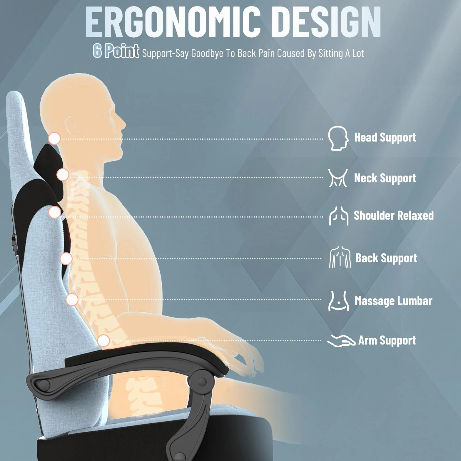 Ferghana Silla Gaming Ergonómica,Silla Gamer Tela Transpirable,Silla de Oficina con Soporte Lumbar Masaje,Asiento Elastico,Reposacabezas,Respaldo Reclinable 135°,Regulable en Altura,Azul Claro