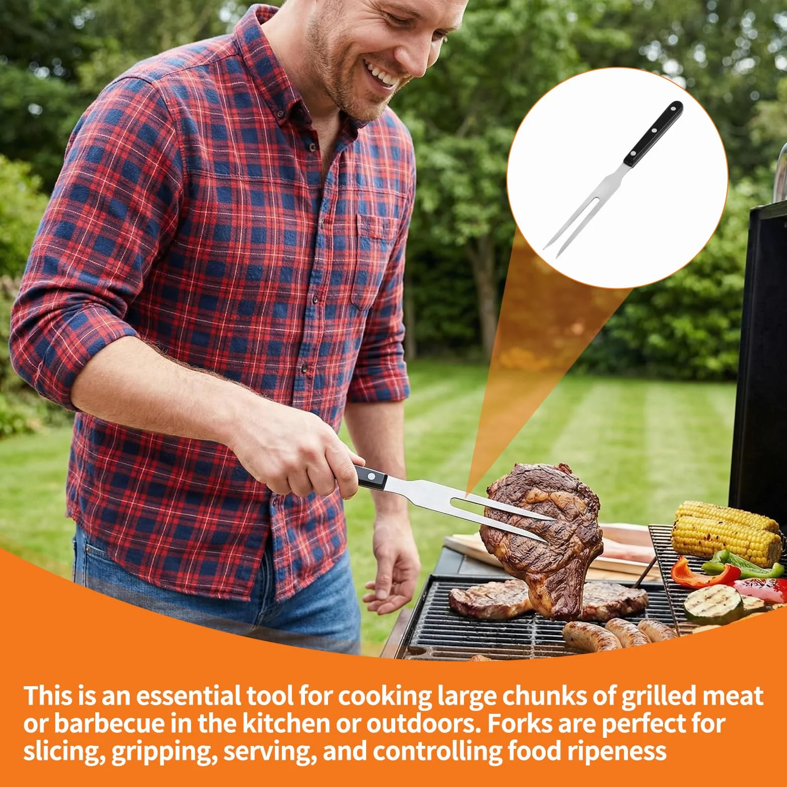 Tenedor de Trinchar Acero Inoxidable con Mango Largo para Carne - Utensilio de Cocina para Asar, Barbacoa y Parrilla - Sujeta y Pincha Pollo, Cerdo, Ternera, Pavo y Verduras