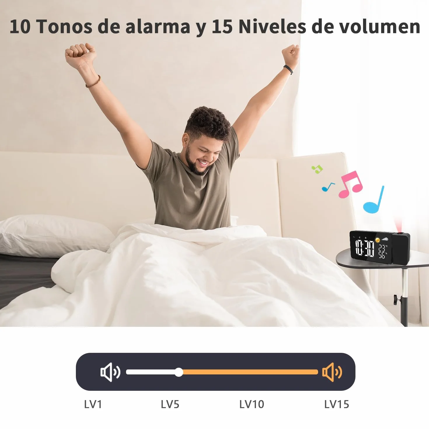 Uzoli EM3211A Despertador con proyector techo y pantalla LED, Previsión del tiempo 8h, Temperatura, Humedad, 2 Alarmas, Función de snooze, Proyección de 180°, 10 Tonos, Reloj ideal para casa u oficina