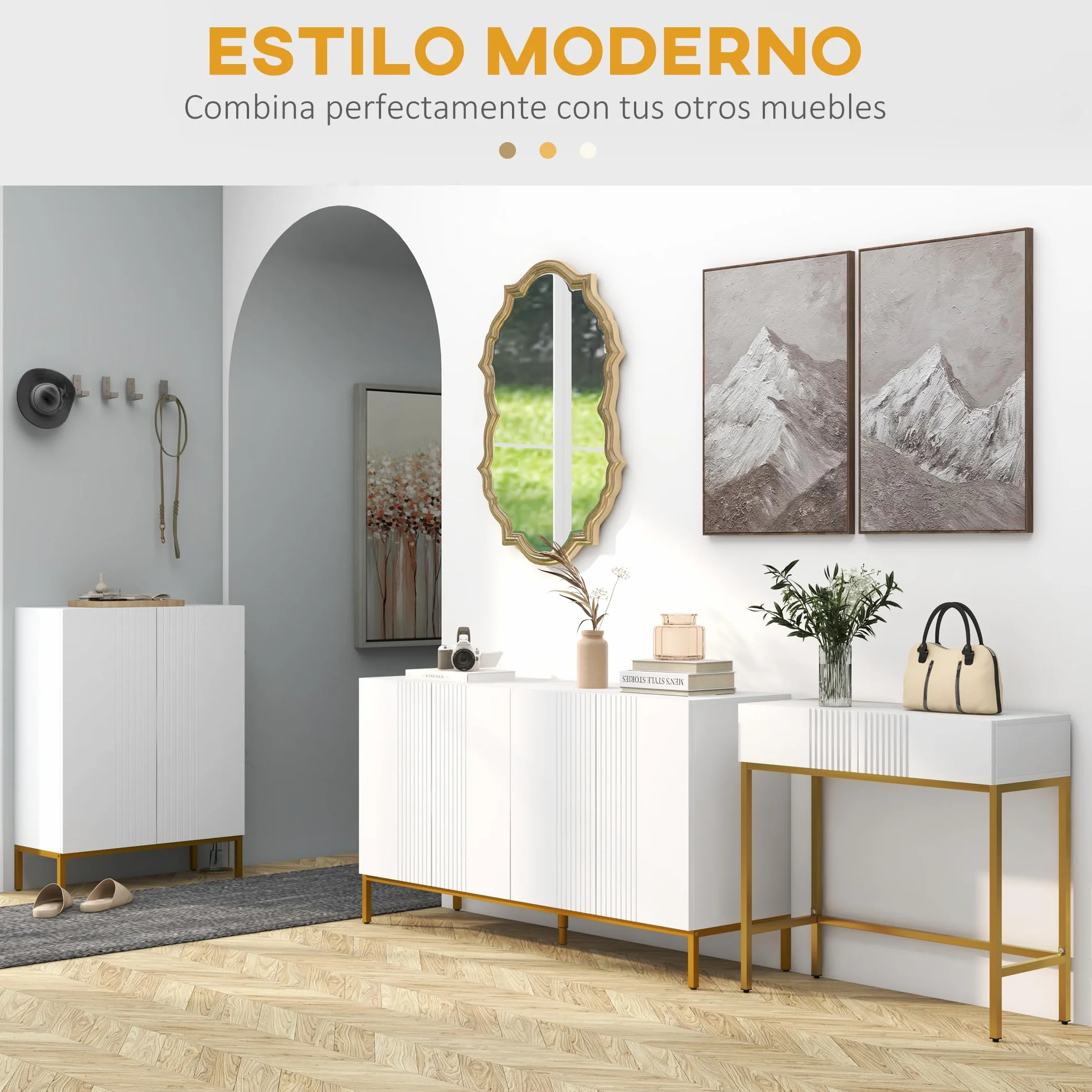HOMCOM Mesa Consola Moderna Mesa de Entrada con 2 Cajones y Patas de Acero Dorada Antivuelco Mueble de Recibidor para Salón Pasillo 80x31,5x75 cm Blanco