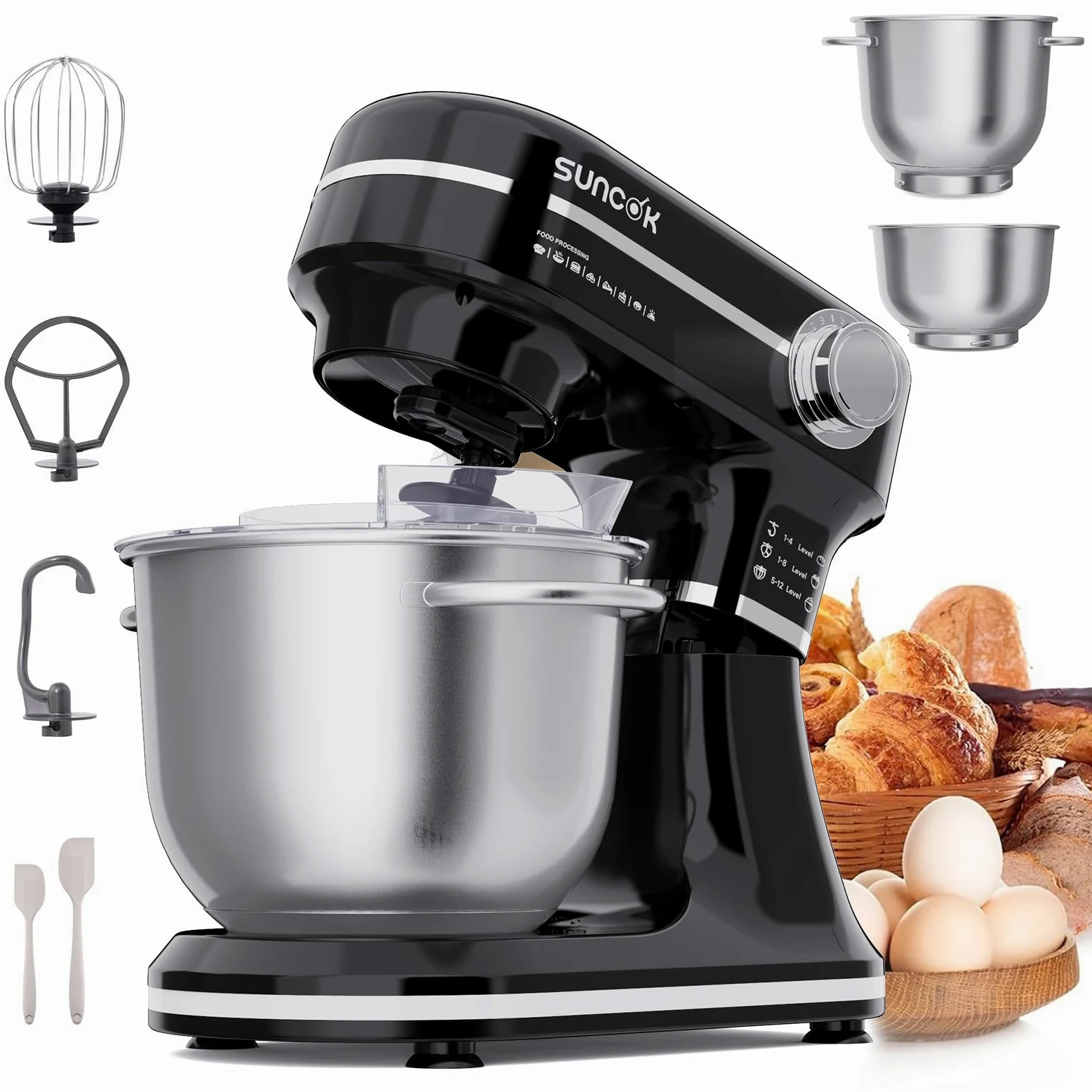 Batidora Amasadora 1500W, 2 Cubetas de Acero Inoxidable (4,5L/5,5L), 12 Velocidades, Fermentación/Calentamiento, Báscula, Temporizador, Bajo Ruido, 3 Accesorios de Mezcla (B03B, B03B-negro)