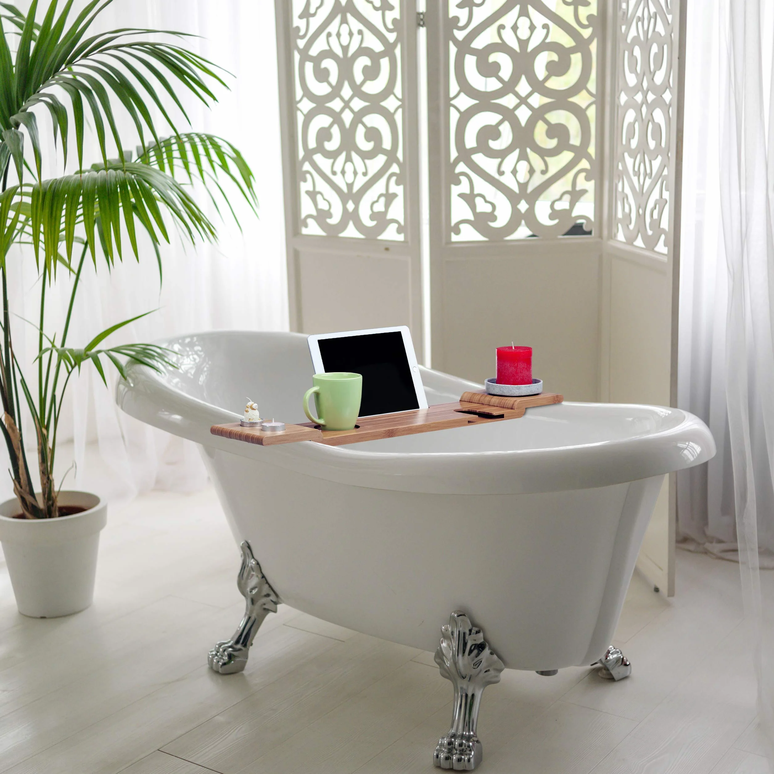 Relaxdays Bandeja Bañera de Bambú, 70 cm Ancho, Tabla Baño para Copa, Móvil, Tablet, Repisa Bañarse para Colgar, Natural