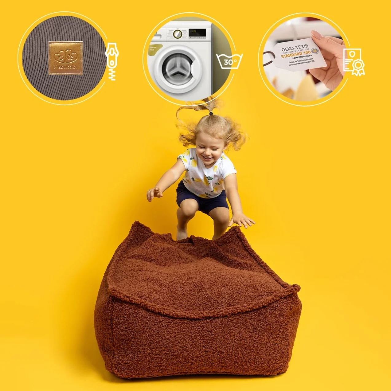 MEOWBABY Puff Cuadrado para Niños, Beanbag, Estética Pana, Turquesa