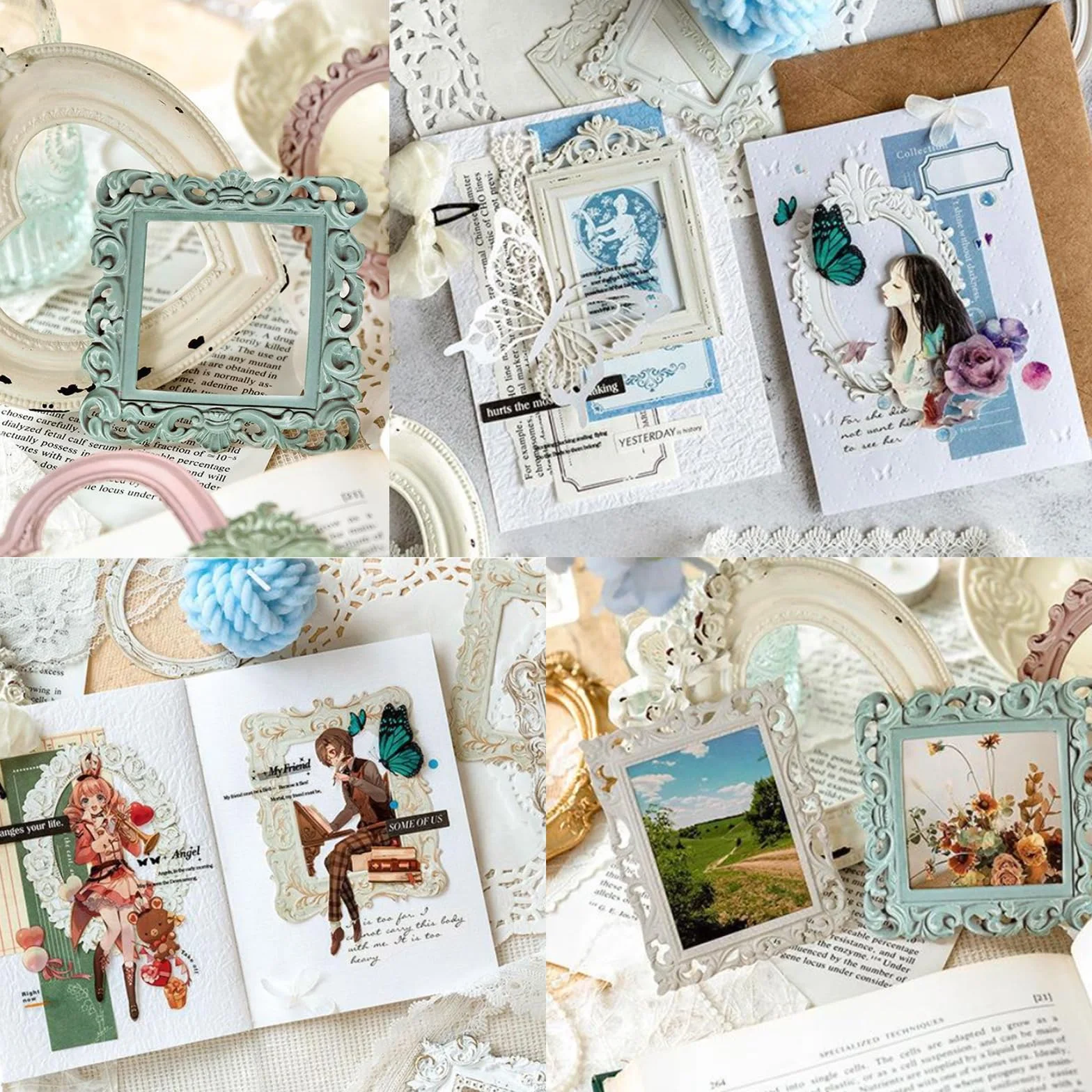 40 hojas de borde de encaje para scrapbook, marco de foto vintage con relieve en hueco, material de fondo para scrapbooking, marco de ventana de papel para diario vintage y accesorios de