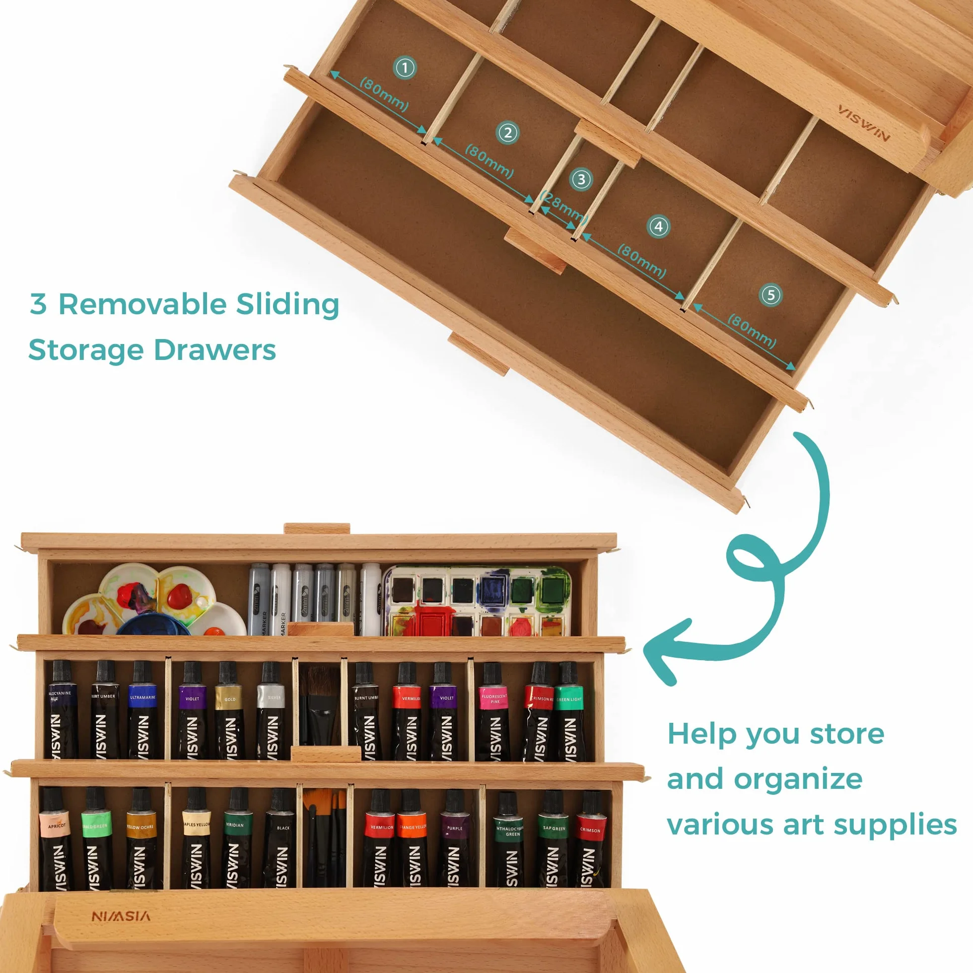 VISWIN Caballete grande ajustable con 3 cajones, caballete de mesa portátil de madera de haya para artistas, caballete de mesa para pintores adultos, artistas