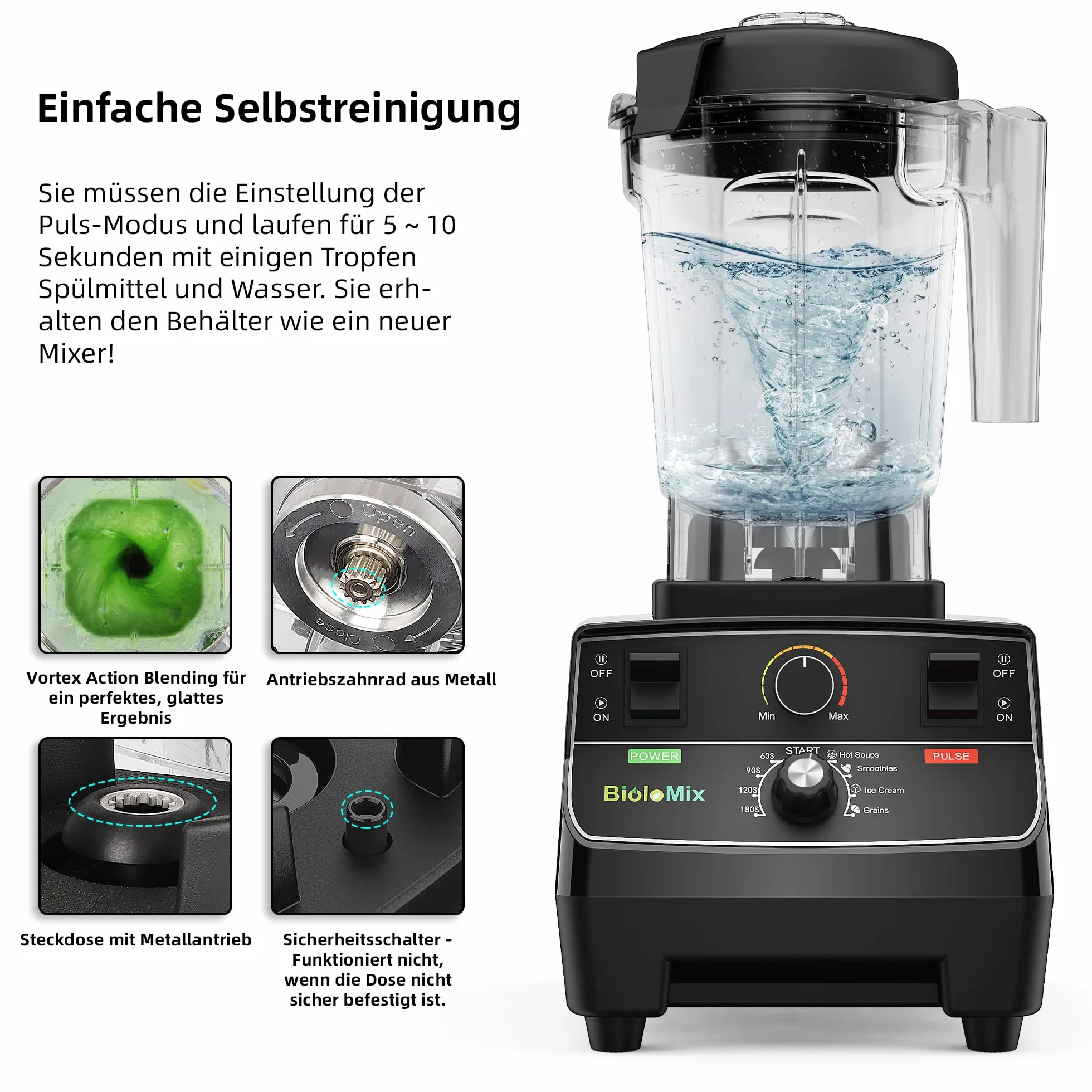 BioloMix Batidora de alto rendimiento de 2200W, | Función de autolimpieza, recipiente de 2 L y vaso de viaje de 600 ml, sin BPA
