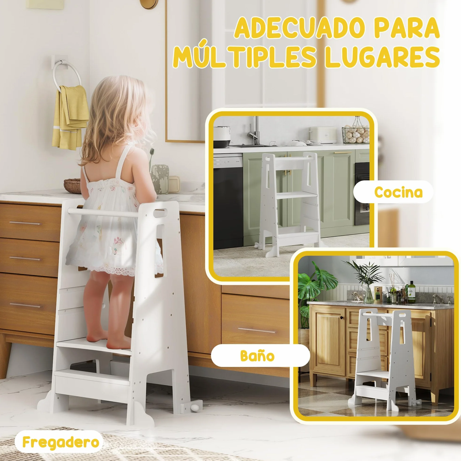 AIYAPLAY Torre de Aprendizaje de Madera para Niños +3 Años Altura Ajustable 3 Niveles Barrera de Seguridad 45x47,5x91 cm Blanco