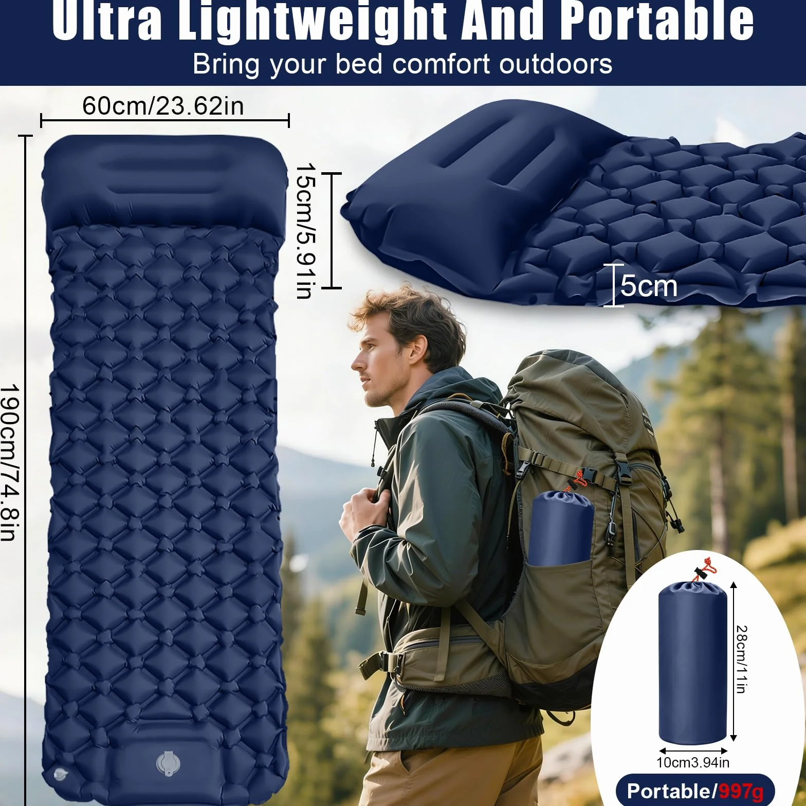 Colchoneta Autoinflable Ultraligera para Acampar, Esterilla Inflable Portátil Individual con Bomba de Pie