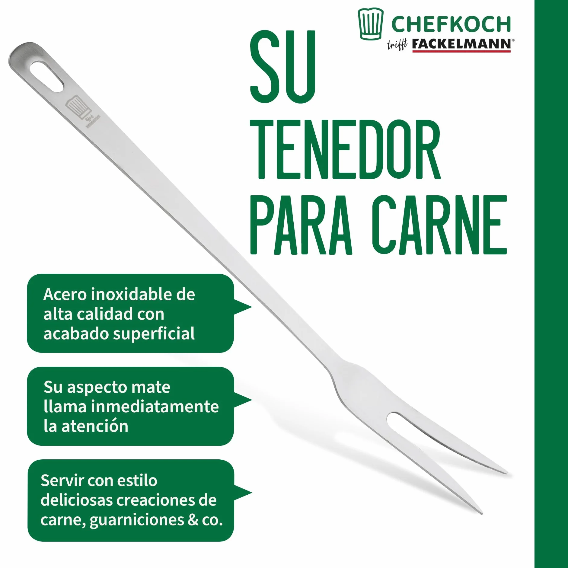 Fackelmann Chefkoch Tenedor para Carne Servir Creaciones de Carne, Acero Inoxidable de Aspecto Mate - Tenedor para trinchar Apto para lavavajillas
