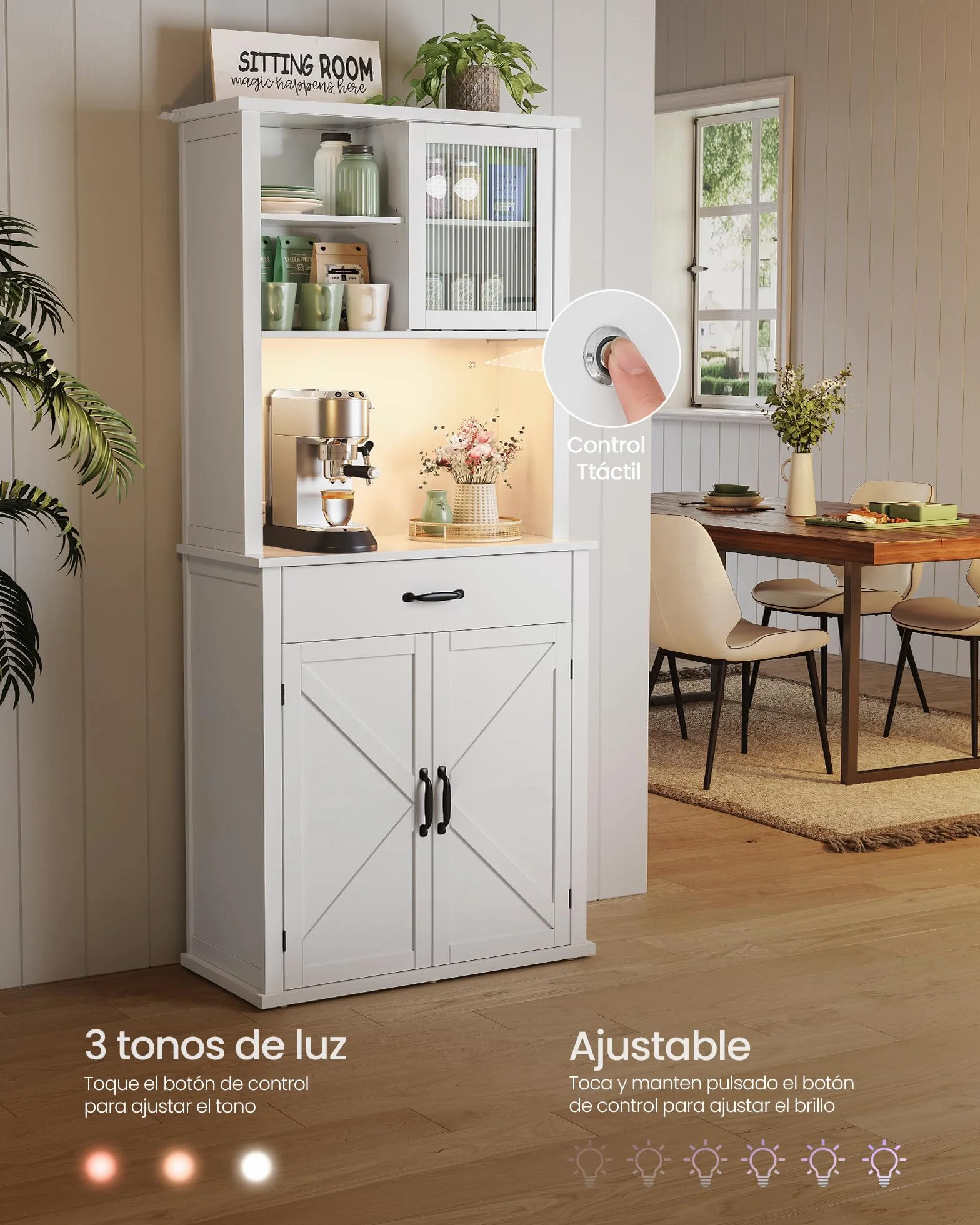 VASAGLE Armario con Luces y Cargador, Armario de Cocina, con Puertas y Cajones, 39,5 x 80,4 x 180,6 cm, Estantes Ajustables, Estilo Rústico, Blanco Nube BBK363W21