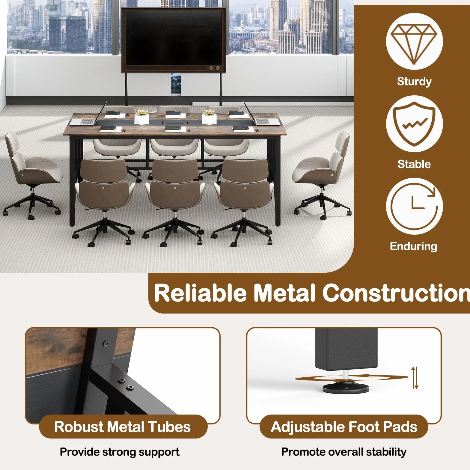 GIANTEX Mesa de Conferencia Rectangular, Mesa de Reuniones Grande con Pasacables y Estante de Almacenamiento, Estructura de Metal, 180 x 96 x 76 cm, para Oficina, Casa