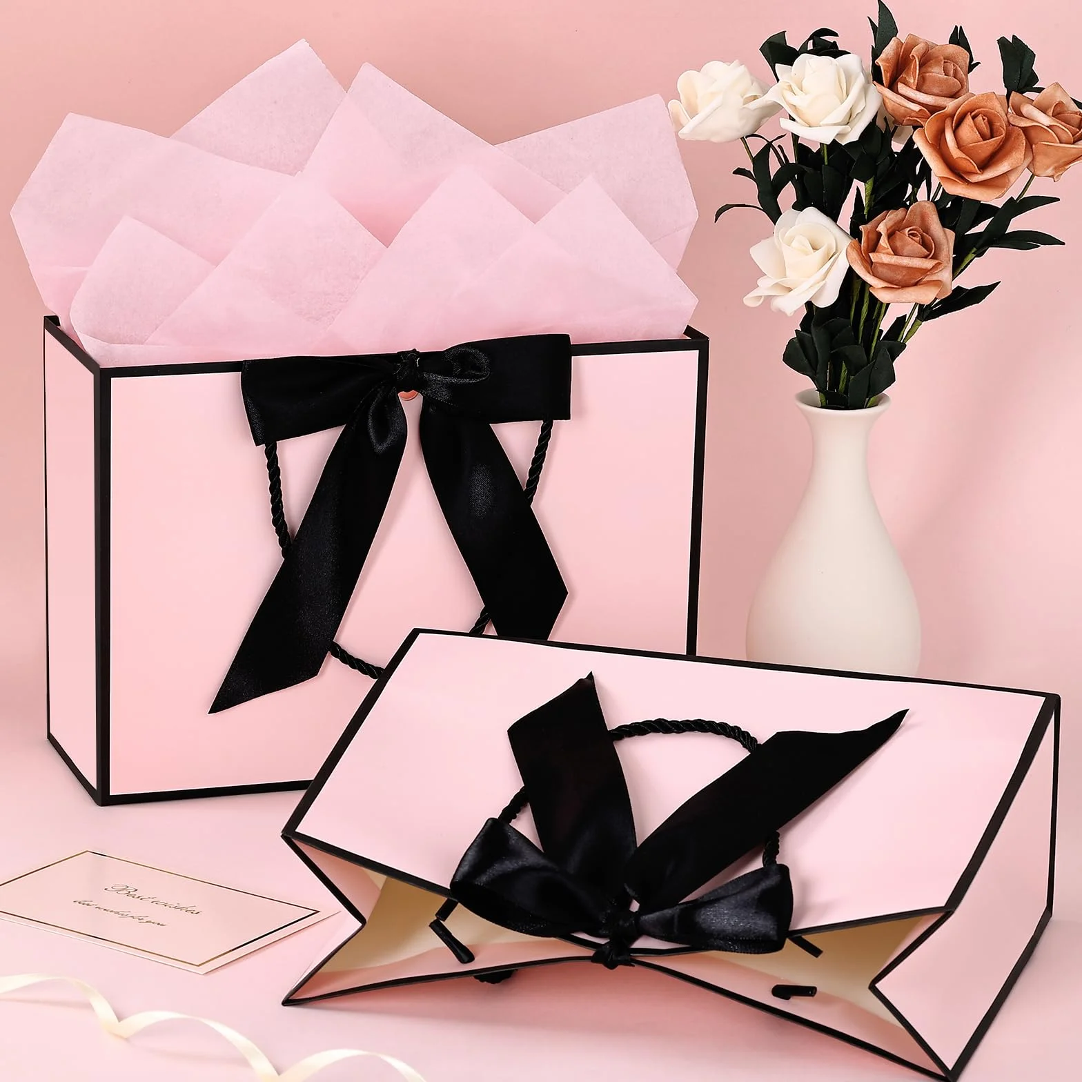 BBLIKE bolsas de regalo con asa - 2 bolsas de regalo + 2 tarjetas de felicitación + 4 papel Sydney, bolsas de papel con asa, envoltorio para regalos, cumpleaños (Rosa Borde Negro)