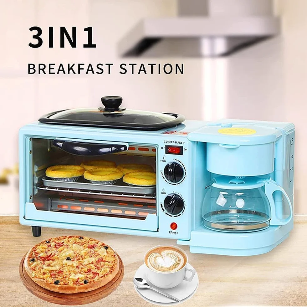Máquina de Desayuno Eléctrica 3 en 1, Estación de Desayuno Multifuncional de 1050 W con Cafetera, Control de Temperatura de 100-230 ° y Temporización de 30 Minutos, Mini Horno para Máquina Blue