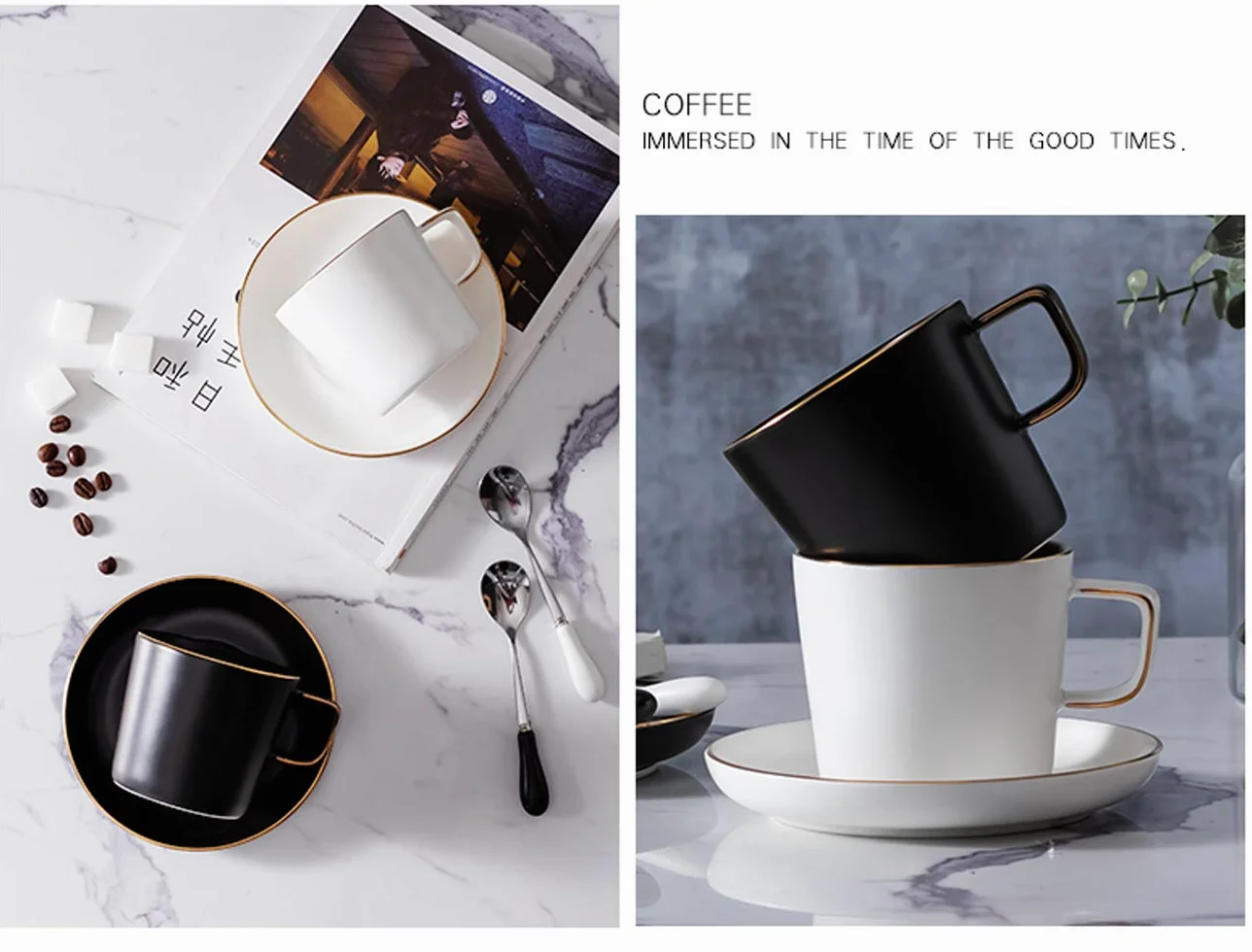 Juego de tazas de café de porcelana mate con platillos, de lujo nórdico, borde dorado, taza de té de la tarde, taza de café con capuchino (250 ml, 2 tazas y 2 platillos)