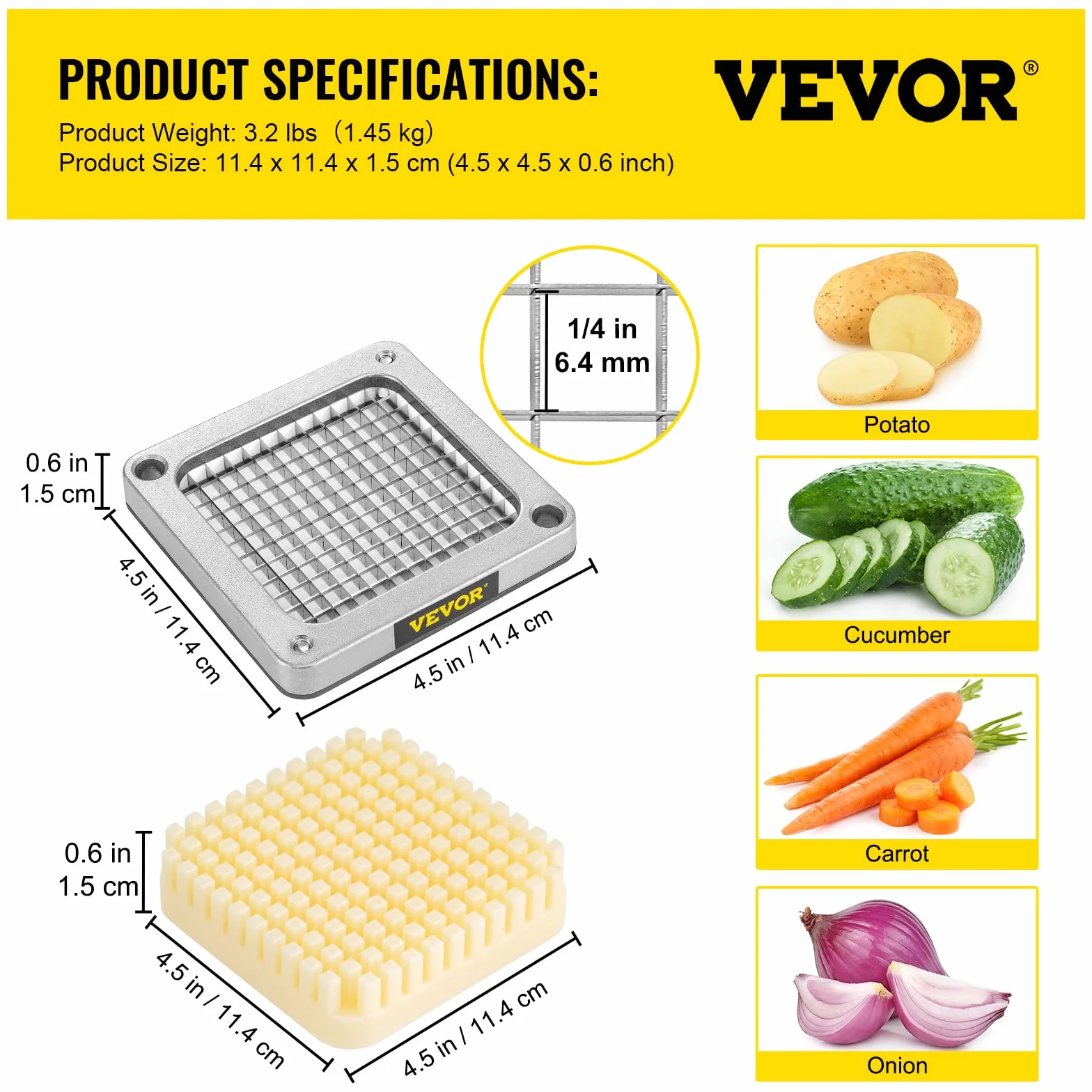 VEVOR Cuchilla picadora de repuesto 1/4" 3 piezas de cuchilla para freír francesa con 6 cuchillos adicionales piezas de acero inoxidable y bloque de empuje para cortar patatas, zanahorias, pepinos