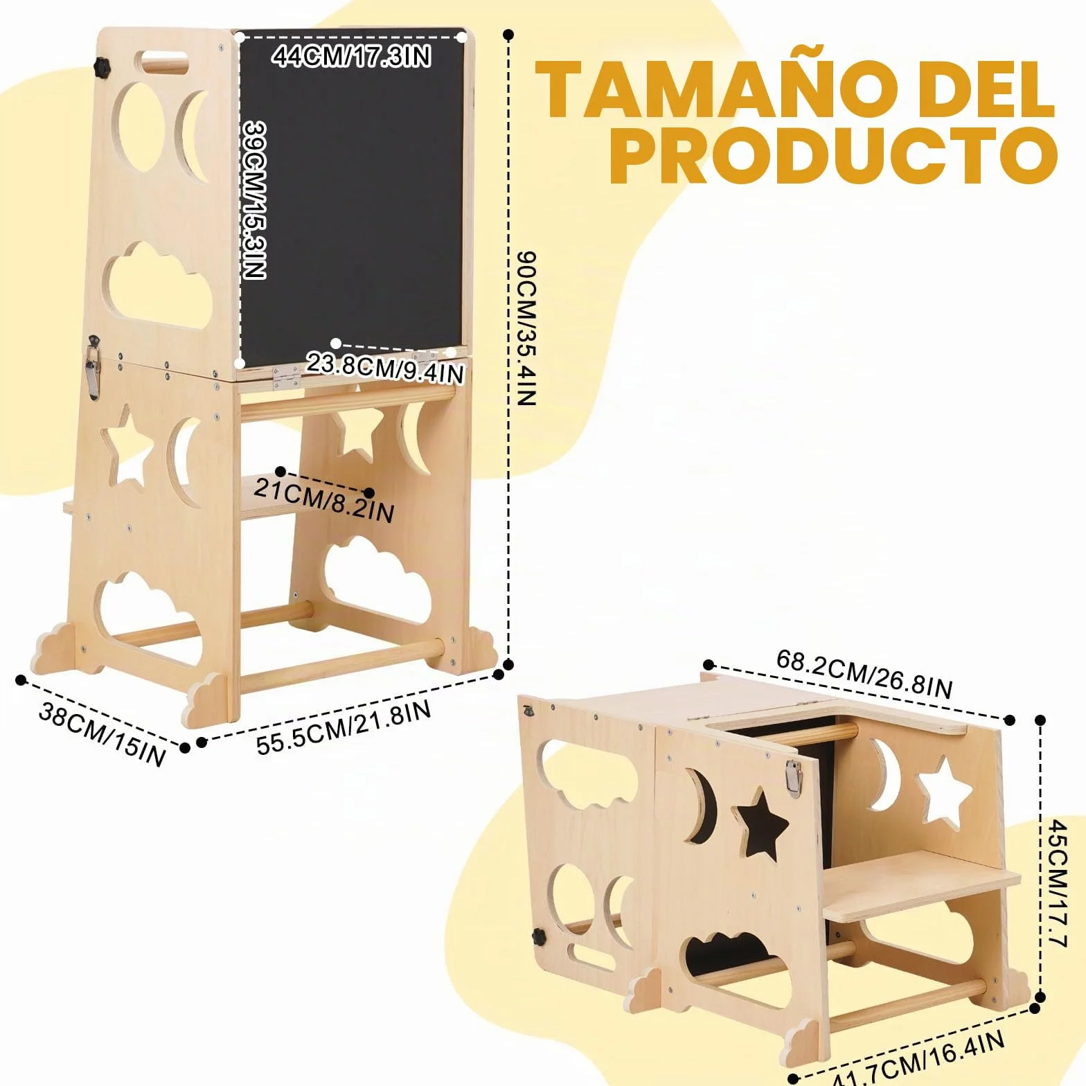 Torre de Aprendizaje Montessori, Torre de Aprendizaje 3 en 1, Taburete Plegable con Pizarra, para Niños de Madera, Taburete de Cocina Auxiliar para Niños, Adecuado para Mesa de Cocina y Baño