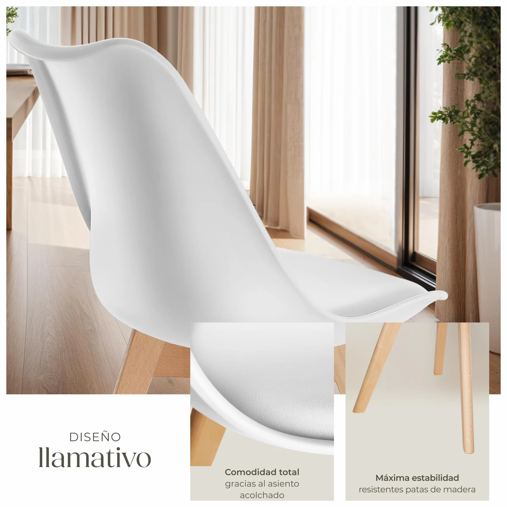 tectake® Sillas de Comedor, Muebles Comedor con Diseño Nórdico, Conjunto Sillas Cocina, Asiento Acolchado Silla Ergonómica, Mueble Cocina Moderno - Set de 2 Blanco