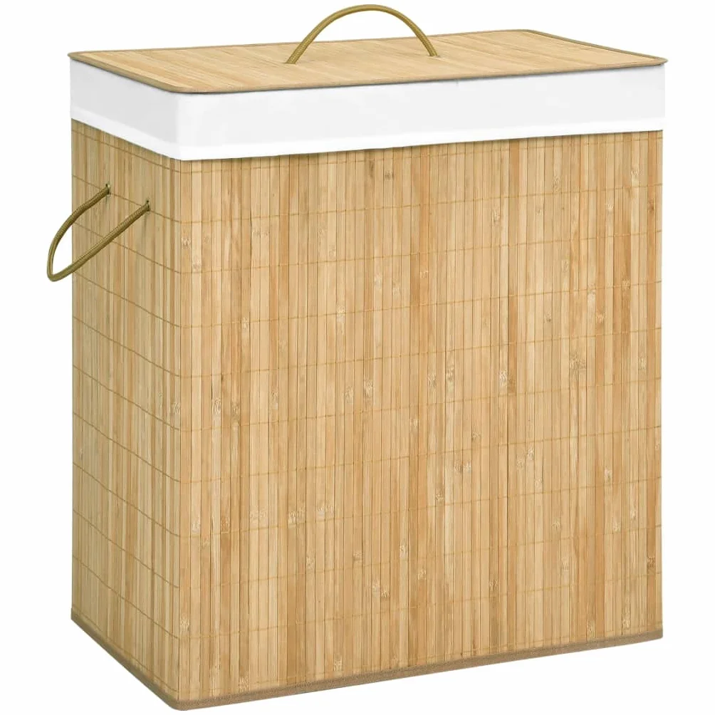 Cesto de bambú para la colada con 2 compartimentos de 100 litros de capacidad, bolsa interior extraíble y asas, cesta de almacenamiento plegable para la colada con forro interior transpirable