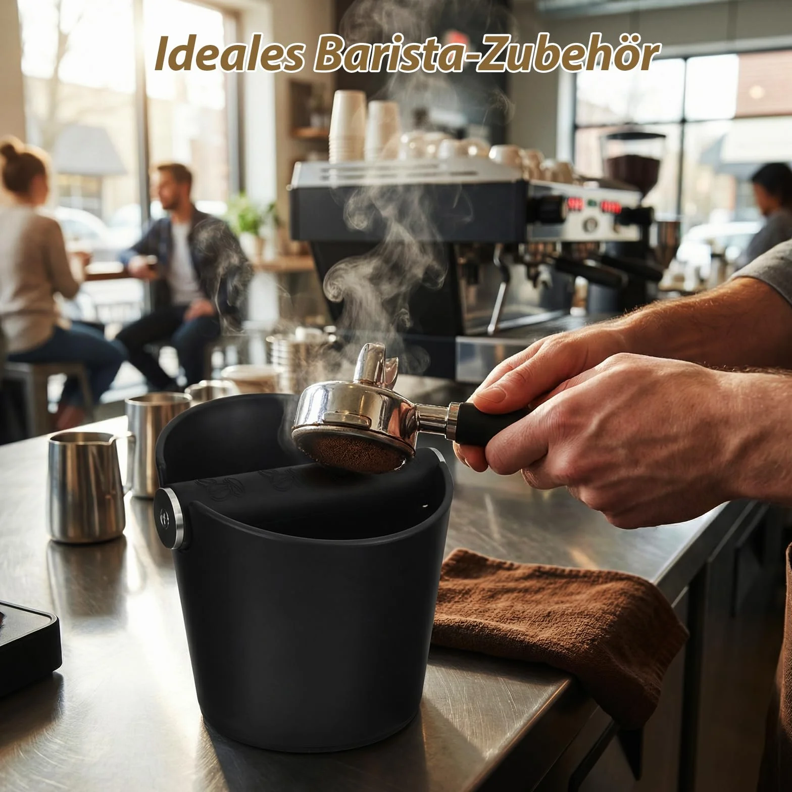 Coffee Knock Box, 12 x 12cm Cajon Posos Cafe, Caja para Posos de Café, Tapete de Prensado Antideslizante con Cepillo, Accesorio para Cocina y Cafetería, Negro