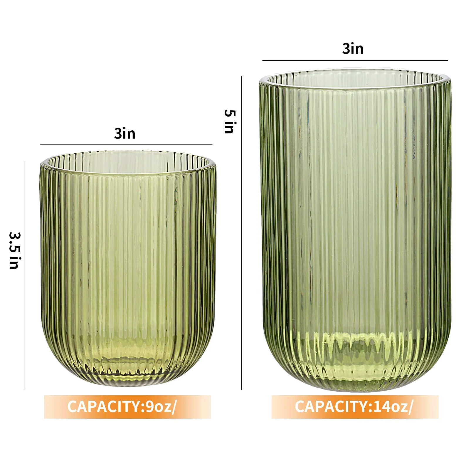 Juego de 8 vasos de cristal acanalados, 4 vasos altos de 14 onzas y 4 vasos de 9 onzas, verde, estilo origami, diseño estriado, para cerveza, agua, cóctel, jugo, whisky, regalo